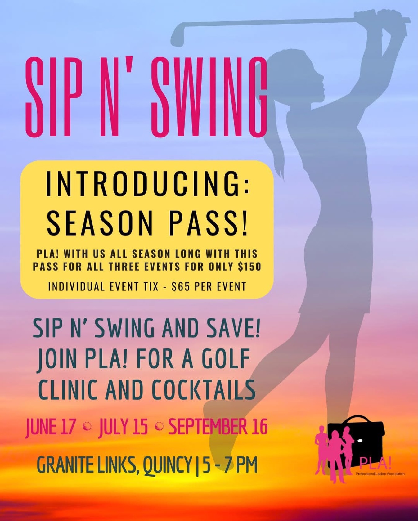 Sip n’ Swing... and SAVE!
PLA! Sip & Swing clinics are back and better than ever.
For a limited time, you can purchase a season pass to join us for all three events; June 17th, July 15th and September 16th.
Ticket price includes an hour-long clinic with Granite Links golf pros, unlimited buckets of balls for two hours, cocktails and appetizers.
Of course, you’ll also enjoy networking, catching up with friends, and basking in that infamous Instagram-worthy sunset!
Buy your pass today at the link in bio.