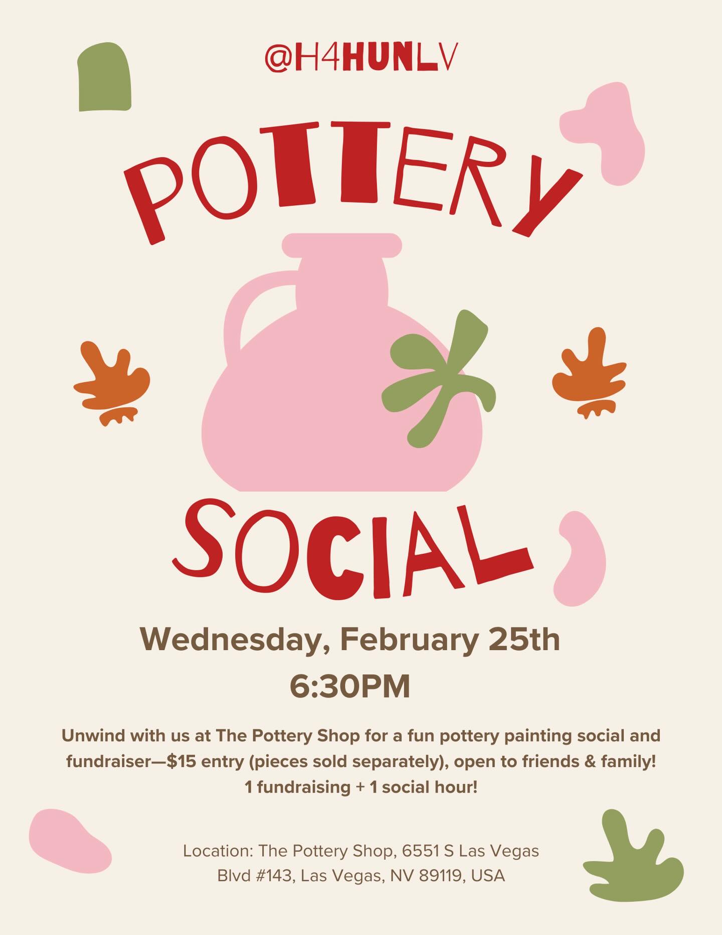 Paint, relax, and give back!! 🎨
Hearts for the Homeless UNLV is a student-run chapter dedicated to providing free blood pressure screenings to unhoused individuals in the Las Vegas community. Funds raised will be used to cover medical supplies and expand our outreach further into the community!
Join us on February 25th at 6:30 PM at The Pottery Shop for a cozy pottery painting session! $15 covers studio time, supplies, and snacks (pottery pieces sold separately). This event is open to H4H Members and the PUBLIC!
Only 24 spots are available! Last day to purchase a ticket will be 02/23 at 3:00 p.m.
To purchase a ticket or for more information, visit https://www.givebutter.com/potteryh4h or the link on our bio! ❤️
Have a question? Email us at unlv@h4hinternational.org
For H4H Members: Earn 1 fundraising hour + 1 social hour. If you bring your friends/family, you can earn 1 fundraising hour! You can earn up to three fundraising hour (3 friends/family members)