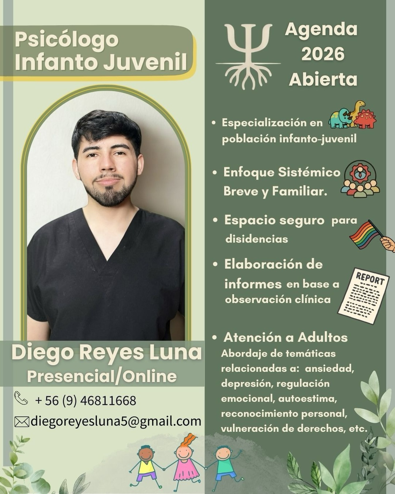 🌿 Nuevo Profesional en Ramaria Consciente
Damos la bienvenida a nuestro nuevo psicólogo independiente, especialista en terapia infanto-juvenil, con amplia experiencia en el acompañamiento de niños, niñas, adolescentes y personas adultas.
Cuenta con formación y experiencia en el abordaje de:
✔️ Ansiedad, depresión y fobias
✔️ Regulación emocional
✔️ Autoestima y reconocimiento personal
✔️ Situaciones de vulneración de derechos
✔️ Dificultades vinculares y familiares
Su trabajo terapéutico se basa en un enfoque sistémico breve y familiar, promoviendo procesos de cambio respetuosos, efectivos y centrados en el bienestar integral de cada persona.
Además, ofrece:
📄 Elaboración de informes psicológicos basados en observación clínica
🌈 Atención en un espacio seguro, inclusivo y respetuoso para diversidades y disidencias
🤝 Acompañamiento ético, cercano y profesional
En Ramaria Consciente seguimos fortaleciendo nuestro equipo para brindar atención humana, especializada y comprometida con cada proceso terapéutico.