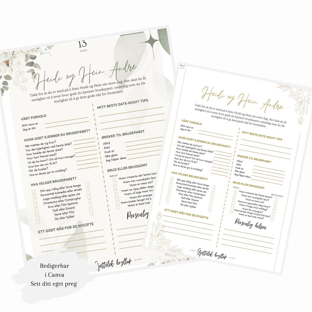 🤍 Redigerbar selskapslek til bryllup
👩🏼❤️👨🏼👩🏼❤️👩🏼👨🏼❤️👨🏼
Teksten tilpasses til hvert enkelt brudepar og punktene kan byttes ut slik at arket er mest mulig personlig. Alt av tekst kan endres, inkludert motiver, font, farge på tekst, plassering, størrelse o.l.
En morsom lek for gjestene i selskapet, og er en perfekt aktivitet å ha tilgjengelig mellom kirken og festen 🌸
Innhold:
Hvor godt kjenner du brudeparet?
Brud eller brudgom?
Gode råd for brudeparet
Hva velger brudeparet?
Personlig hilsen
Beste date-night ide
Send meg en melding hvis du ønsker en annen farge eller oppsett!
#bryllup #spådomsark #brudogbrudgom #brudogbrud #brudgomogbrudgom
