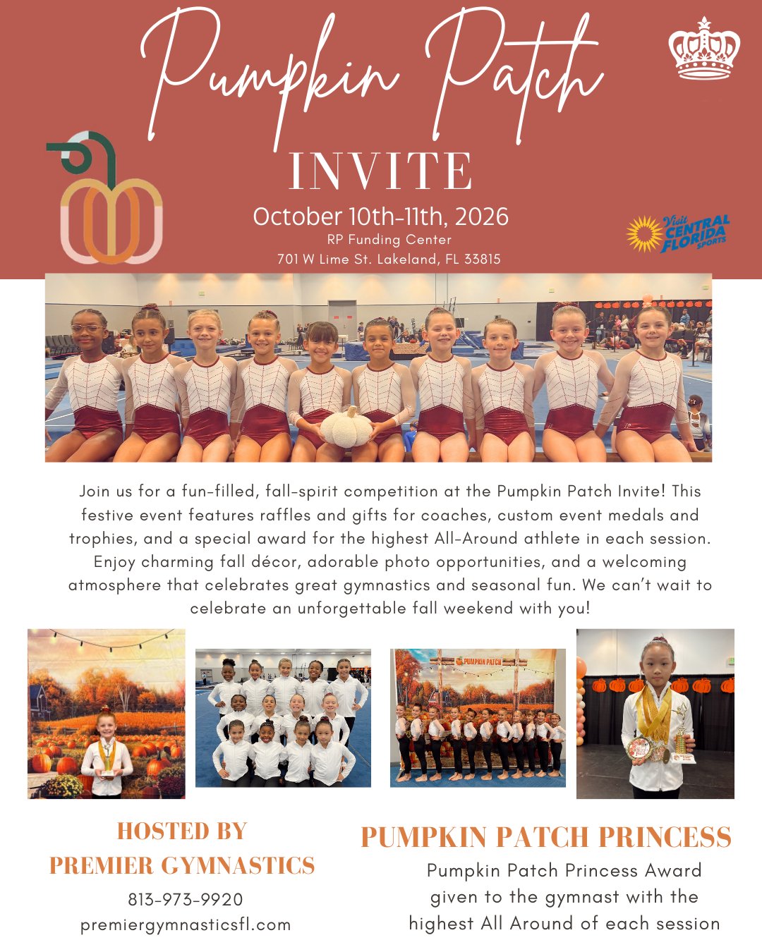 Get ready for a festive, fall-spirited gymnastics weekend at the Pumpkin Patch Invite happening October 10–11, 2026 at the RP Funding Center in Lakeland, FL! 🤩🍁 
This meet is packed with autumn vibes, charming décor, adorable photo ops, raffles & gifts for coaches, and custom event medals and trophies, all celebrating the joy of gymnastics and seasonal fun 🤸♀️✨ 
Plus, the highest All-Around athlete in each session will be crowned with our Pumpkin Patch Princess Award — a special highlight of this fall weekend 🏅🎀 
We can’t wait to share an unforgettable fall competition with our athletes, families, and teams! 🍁🤍
Full details on our website — link in bio! 🔗