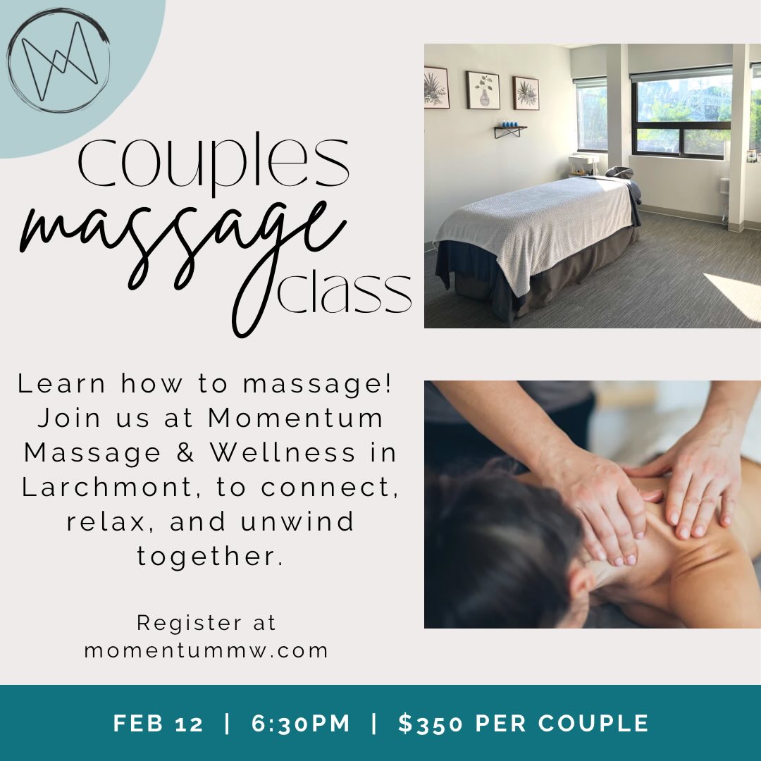 We’re hosting our Couples Massage Workshop on 2/12 & 2/22! Join us for a fun and unique experience where you’ll learn how to massage your partner. We’ll share expert tips, demo, and provide guidance as we teach you a 20-30 minute routine that translates perfectly for home.
Registration is required - comment COUPLES CLASS and I’ll send you the link or visit momentummw.com for more information and to sign up!
#datenightideasforcouples #westchestercounty #soundshoremoms #larchmontny