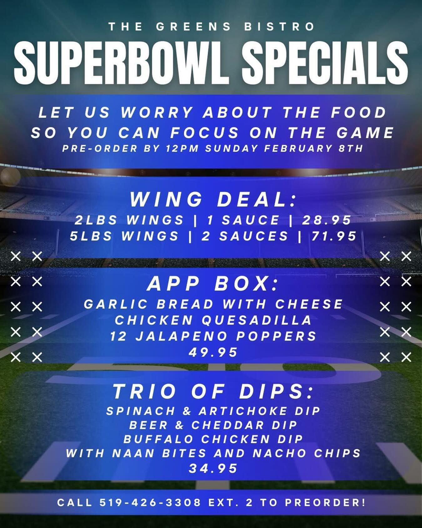 Happy Sunday!! ๐
Todayโs the big day and youโve got enough on your mind, so let us take care of the food tonight ๐ด
Call the Bistro by noon today @ 519-426-3308 x2 to place your order with us!