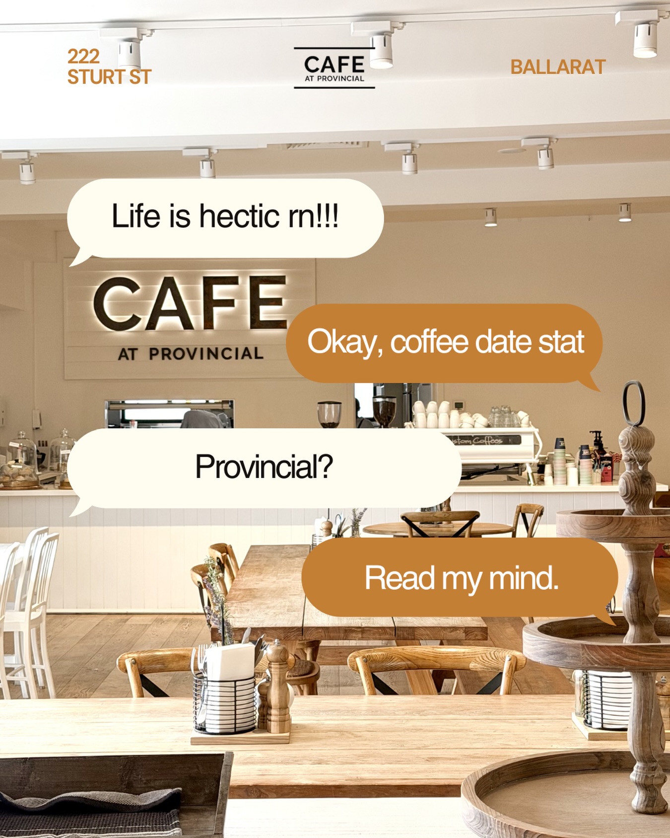 Perfect for dates.
Our tables are made for solving life’s problems (or pretending to just so you can catch up with a friend for coffee) ☕️
Let this be your reminder to book in that overdue problem-solving catchup 😊
#cafeatprovincial #cafesballarat #ballarateats #cafeballarat #coffeeinballarat