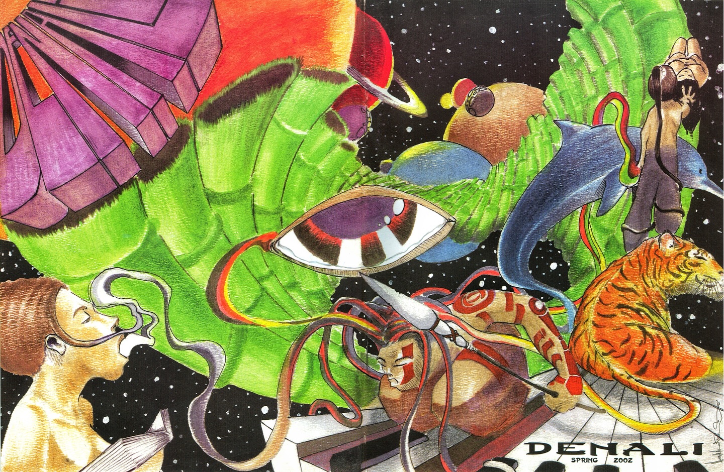 2002
DENALI MAGAZINE(cover)
Pen, ink, colored pencils, markers
.
.
Working with Lane community college’s literary arts journal, “Denali” was a pivotal moment in my creative journey that I will forever remember fondly. Here is my cover for their spring 2002 issue. Pulled from the vaults!
.
.
#hanifwondirdesign #denali #prismacolor #eugene #illustration