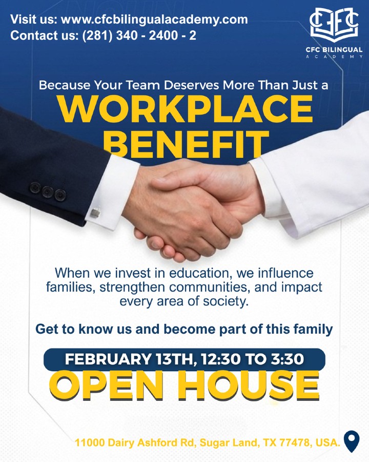 🤝 A BENEFIT THAT GOES BEYOND THE WORKPLACE
At CFC Bilingual Academy, we believe that organizations play a powerful role in shaping society — not only through what they do, but through the families they support.
That’s why we invite your organization to partner with us in a meaningful way.
By becoming an ally of CFC, your team gains access to a Christian, bilingual education for their children, along with special enrollment benefits designed to support working families.
✨ A benefit for your employees
✨ An investment in their children’s future
✨ A contribution to stronger families and communities
Because when education is rooted in values, it impacts every area of society — family, leadership, faith, and the next generation.
📅 Open House – February 13th
🕧 12:30 PM – 3:30 PM
We would love to welcome your organization, show you our campus, and explore how we can grow together.
🤝 Let’s build something meaningful — for families, for communities, and for the future.
📍 CFC Bilingual Academy | Sugar Land, TX
🔗 www.cfcbilingualacademy.com
#OrganizationalPartnerships #FaithAndEducation #BuildingTheFuture #CFCBilingualAcademy #PurposeDriven #StrongerFamilies