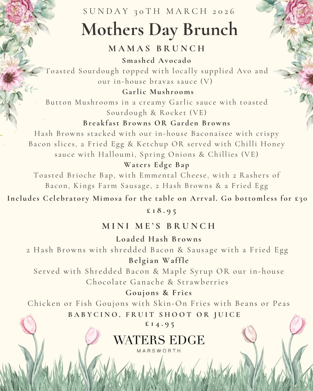 🌸 Mother’s Day at Waters Edge 🌸
Join us on Sunday 15th March as we celebrate all the wonderful mums & grandparents with our Mother’s Day Brunch and Afternoon Tea 🥂
✨ Mama’s Brunch & Mother’s Day Afternoon Tea includes a celebratory mimosa on arrival for all adult guests
✨ Mini Me options available for little ones
🫶 Last Mother’s Day we were completely booked out all day, so please make sure you book your table in advance.
We are hoping to offer our usual menu for walk-ins, however this may be limited during busy periods.
🎟 Tickets will form part of your reservation on our website.
⏰ Timings are a guide and may alter slightly as we fill the restaurant, we will always aim to seat bookings as close as possible to the selected time.
🕰 Please note that arriving early does not guarantee immediate seating, as tables may still be in use or being prepared.
❗ All tickets are non-refundable.
📍 Waters Edge, Marsworth
🍾 Bottomless upgrade available £30PP.
👉 Reservations for usual menu items will open, we will send you a link to secure the table with a deposit.
💳 £10 deposit per guest for standard menu bookings
💳 50% deposit required for Mother’s Day Brunch & Afternoon Tea
🔗To book in, please visit the link in our bio!
Spaces are limited and this date always fills quickly 🌷
📩 Bookings via email: info@wemarsworth.co.uk
🥂 Female-owned, mother & daughters run, Mother’s Day is very close to our hearts. Your home from home 💗