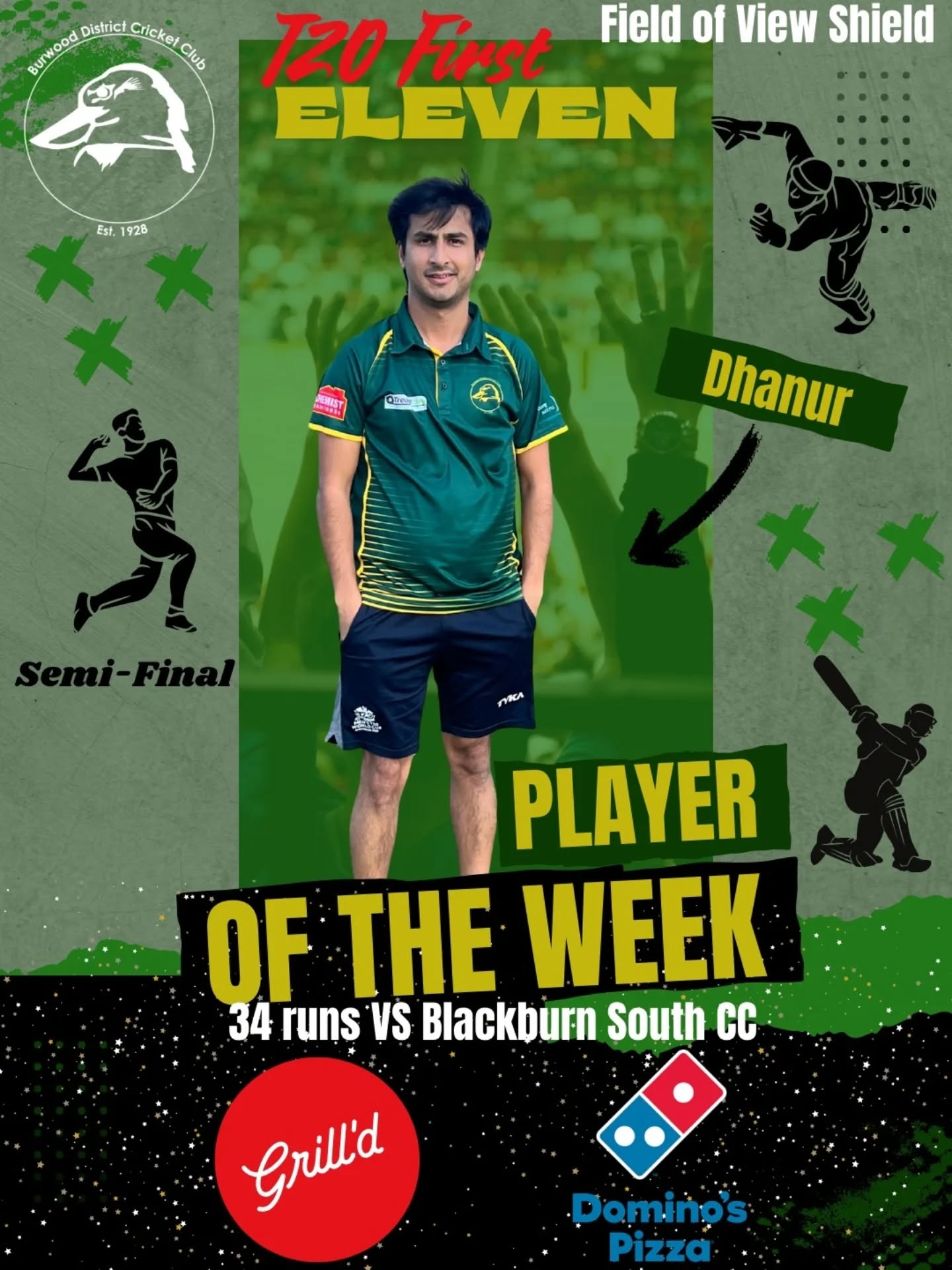 🏏 T20 PLAYER OF THE WEEK | SEMI-FINALS 💚💛
Even in knockout cricket, individuals stood tall and delivered under pressure for the Burra Boys.
🥇 T20 Gold – Field of View Shield
Dhanur Bhardwaj (34 runs of 28 balls)
A composed and valuable knock against Blackburn South CC, showing intent and calm in a high-pressure semi-final situation.
🥈 T20 Green – Top Notch Trophies Shield
Shobith (39 runs of 15 balls)
A strong innings against Mulgrave CC, leading the fight with the bat and keeping BDCC in the contest right till the end.
Big games. Big moments. Big efforts.
Proud of the way these Burras stood up when it mattered 💚💛
Thanks to our sponsors @dominos_ashburton and @grilldburgers for supporting our weekly awards 🙌