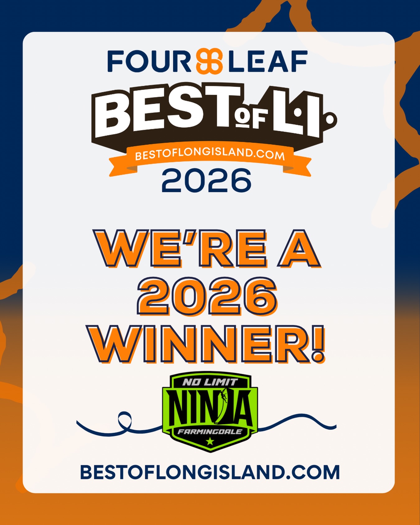 🏆 WE DID IT… TWICE!! 🏆
No Limit Ninja Farmingdale has officially won the 2026 FOURLEAF Best of Long Island in not one… but TWO categories!! 🙌🔥
🥳 Best Children’s Party Place
💪 Best Children’s Gym
This is an enormous honor for us. We were up against dozens of incredible businesses across Long Island, and because of YOU — our amazing ninja families and community — we brought home BOTH titles. ❤️
Every birthday party, every class, every camp, every sweaty high-five… it all adds up to moments that matter. Thank you for trusting us with your kids, your celebrations, and your energy.
We are beyond grateful for every single vote. This win belongs to our entire No Limit Ninja family. 🖤💛
Let’s keep climbing higher together! 🚀
#BestOfLongIsland
#NoLimitNinjaFarmingdale
#BestChildrensParty
#BestChildrensGym
#NoLimitNinja