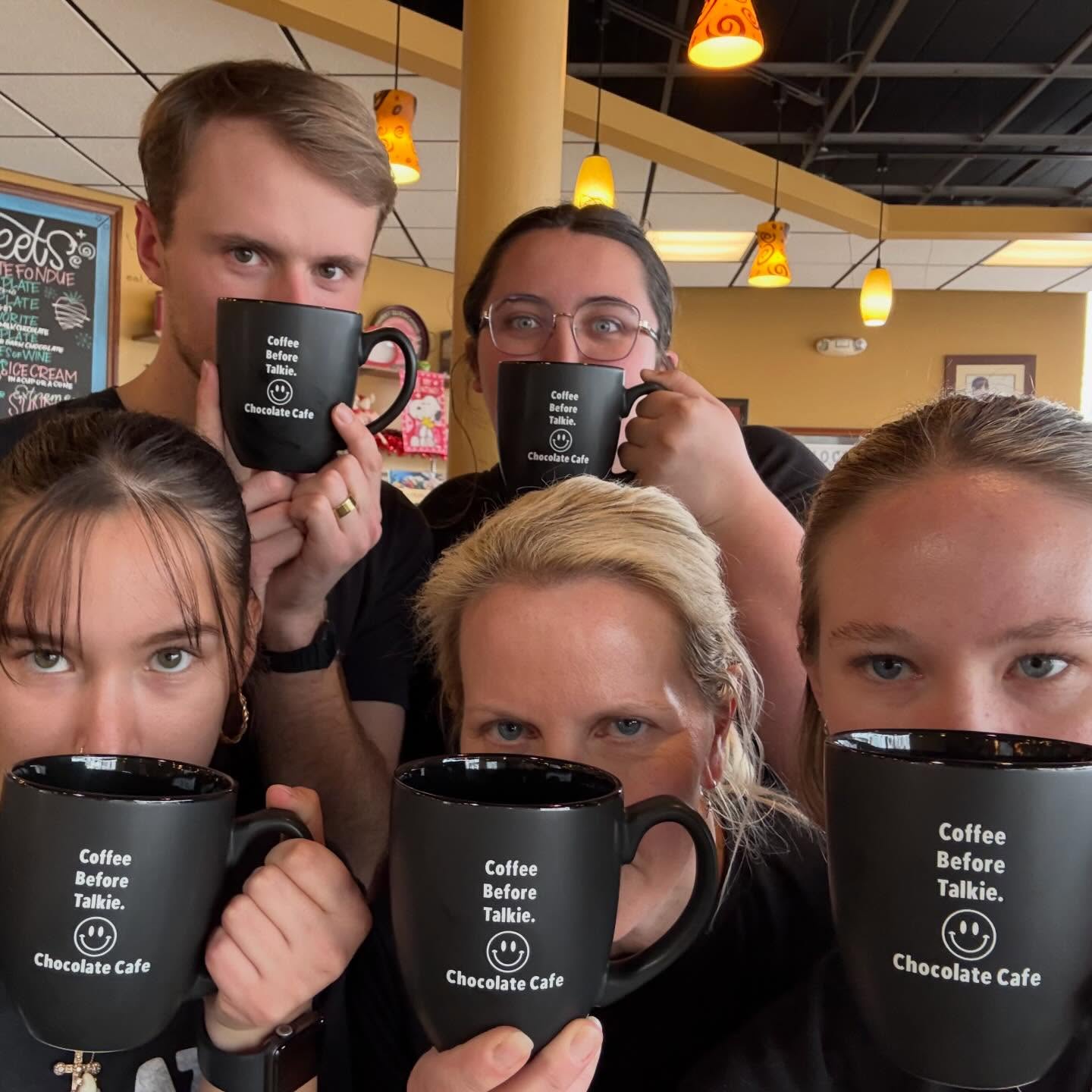Got us some new mugs for the spring…. Coffee Before Talkie. 😎 #newmerchalert🚨 #mugs #employeespotlight #chocolatecafe #localbusiness