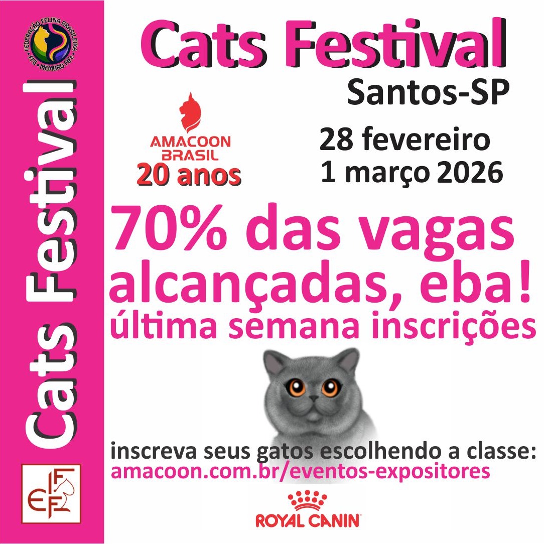 **Já chegamos a 70% das vagas preenchidas!**
Os gatos já estão garantindo presença no **Cats Festival AMACOON 2026**
Ainda não inscreveu os seus? **Ainda dá tempo!** As inscrições vão até **12 de fevereiro de 2026**.
**Edição especial com 3 certificados**
Inscrevendo **3 gatos ou mais**, solicite seu **link de pagamento por e-mail** e pague no **cartão em até 3x sem juros**
Agradecemos imensamente a confiança e a presença de todos vocês
Leia o convite técnico e saiba como se inscrever em:
**amacoon.com.br/eventos-expositores**
**Estamos com SAUDADES de TODOS vocês!**
#amacoon_brasil
#amacoon
#expogatos
#catsfestival
#expogatospraia
#royalcaninbrasil
#royalcanin
#gatos
#cats
#fife
#amogatos
#amogato
#gatosdoinstagram
#gatosdomesticos
#gatododia
#amorfelino
#gatosfofos
#gatofofo
#baixadasantista
#cidadedesantos