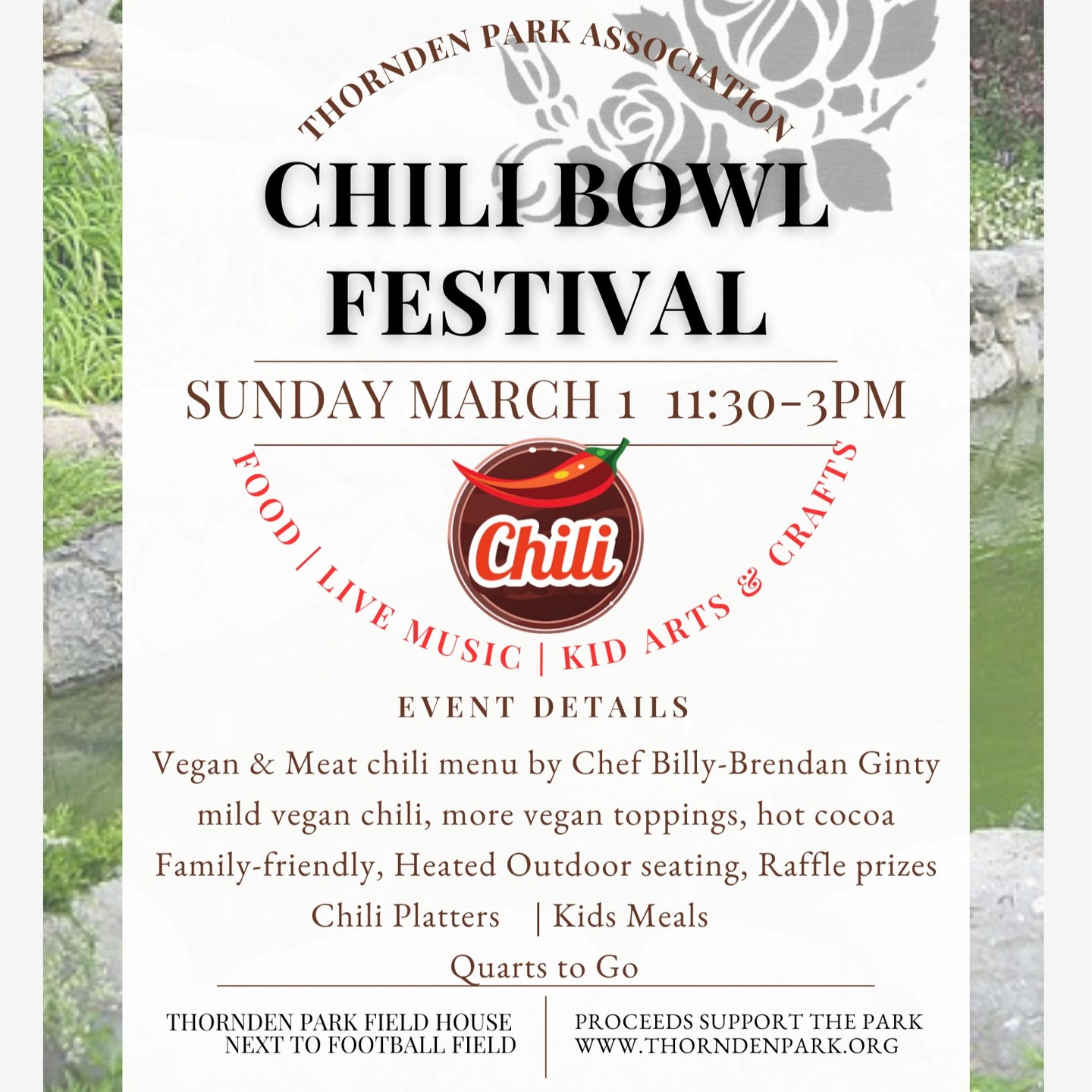 Hungry?
The Chili Bowl Festival has you covered on Sunday, March 1st from 11:30AM until 3PM.
Vegan & Meat chili menu with more toppings, hot cocoa, and @allenfellowsproject LIVE MUSIC!
#lovethepark #eatthechili