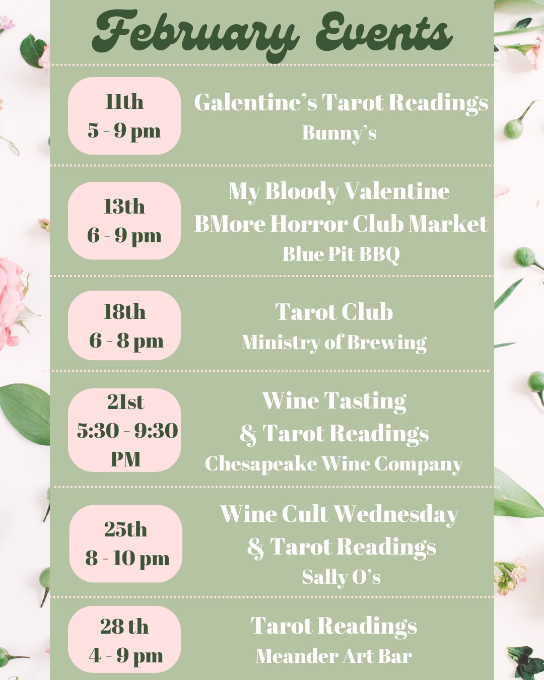 We’ve already had 3 magical events in February and so many more to come!
This Wednesday find me @bunnysbaltimore offering tarot during their Galentines event💖
Friday I will be @bluepitbbq offering tarot along with my magical body care products for @bmore_horrorclub My Bloody Valentine Market 💘
2/18 we’ll be back @ministryofbrewing for our February Tarot Club! Open to all levels Tarot Club gives you a supportive start if you’re curious about the cards or a fun group to chat and dive deeper into the tarot with🔮
2/21 I’ll be returning to @chesapeakewineco for a magical evening of tarot with wine tastings! 🥂
2/25 enjoy another #winecultwednesday @sallyosmd where I will be offering complimentary tarot readings with purchases of a bottle of wine! 🍾
2/28 find me back @meanderartbar offering tarot readings 🔮
#marylandevents #baltimoretarot #baltimoreevents #baltimoretarotreader