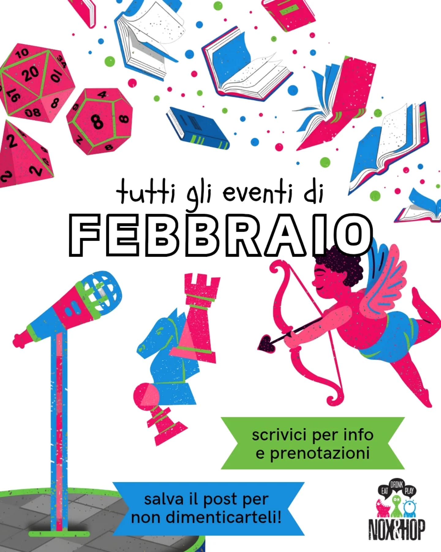 Febbraio breve ma intenso ⚡👇🏻
♟️ Giovedì 12 ~ SERATA SCACCHI • ore 21:30
❤️🔥 Sab 14 ~ Nox&Love 💞 un menù speciale su prenotazione
🧙🏻 Dom 15 ~ Fourfold League @fourfoldleague Torneo Commander • ore 11
📚 Dom 15 ~ Scambio di Copia 🌹 uno speed dating letterario a cura della libreria NessunDove @libreria_nessundove • ore 21
🎙️ Gio 19 ~ stand up comedy ✨ Troppo di Nicchia di Valo Pusceddu @valopusceddu • ore 21
🎲 Dom 22 ~ GDR NIGHT sessioni oneshot • ore 21
Trovi info aggiuntive sul profilo, ma se hai dubbi, domande o vuoi prenotare 📲 scrivici qui o su WhatsApp 351 694 1458
🛟 Salva il post!
📍Nox&Hop Viale Ivo Montagni 190 Limite sull'Arno (Firenze)