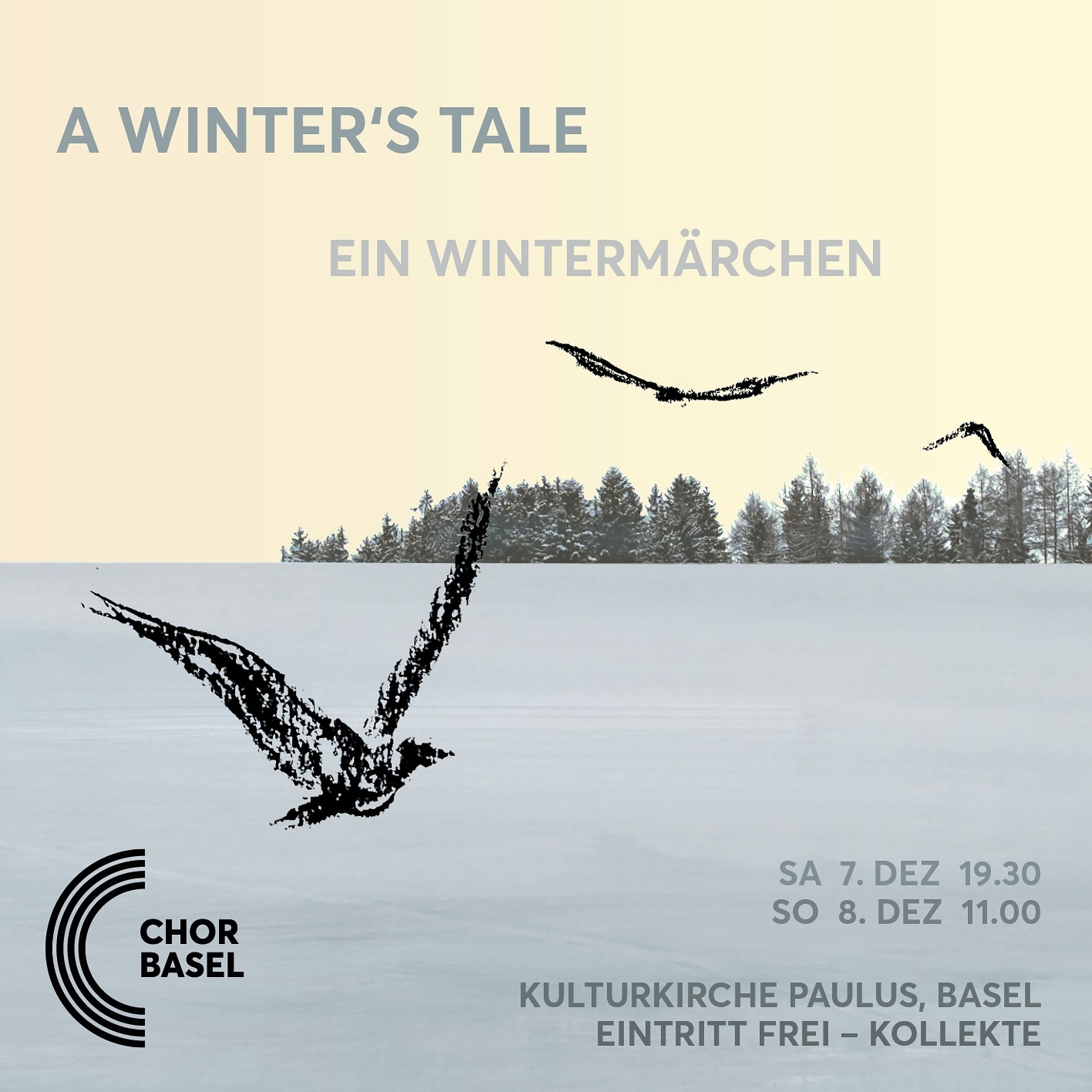 Lust auf weihnachtliche und winterliche Lieder und einen Winter-Apéro? Dann komm an eines unserer Adventskonzerte!
Samstag, 7. Dezember um 19:30h
Sonntag, 8. Dezember um 11:00h
Kulturkirche Paulus in Basel
Der ChorBasel entführt dich in eine winterliche Märchenlandschaft voller geheimnisvoller Klänge und mitreissenden Rhythmen. Mit Liedern aus aller Welt besingt der Chor den Advent, das Licht, die Nacht und das neue Jahr. Ein Klangerlebnis der besonderen Art, reich an Vielfalt, mal besinnlich, mal fröhlich, umwoben von einer winterlichen Geschichte.
Und falls du noch auf der Suche bist nach einem hörenswerten Weihnachtsgeschenk - wir haben da eine Idee: der ChorBasel für zu Hause und für unterwegs! Wir haben im Juni neue Tonaufnahmen gemacht, die es nun an den Adventskonzerten zum ersten Mal zu kaufen gibt - als CD und in speziell toll verpackter digitaler Form.
#chorbasel #chorkonzertbasel #kulturkirchepaulus @kulturkirche.paulus #adventskonzerte #winterapero #cdrelease