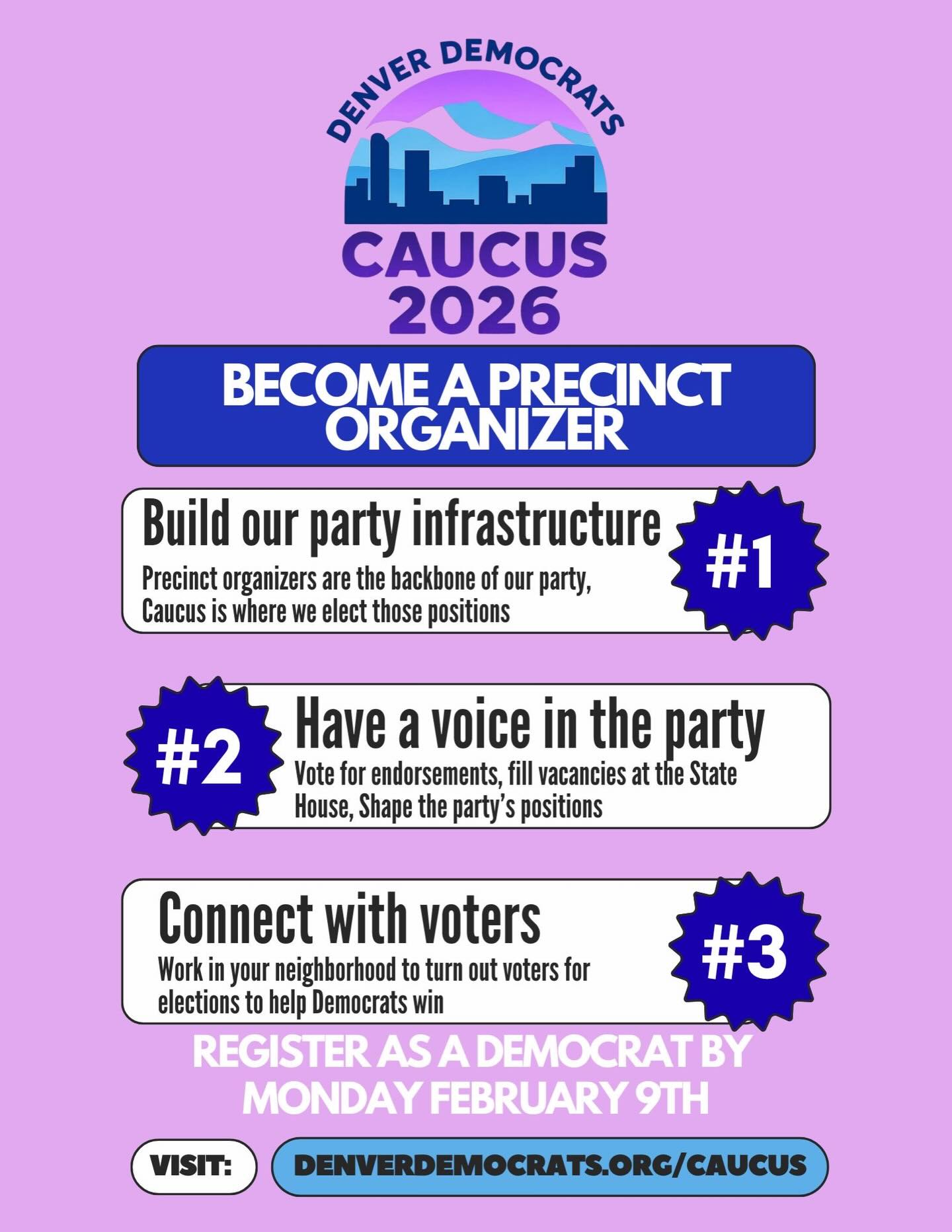 Want to be heard & make an impact? Become a Precinct Organizer! How do you do that? Come to Caucus! Today is the last day to check your voter registration and be sure you are a Democrat ahead of caucus.
Caucus is March 3rd at 6:30pm in your local area! See you then!
#denverdemocrats #democrats #caucus #precinct #organizer