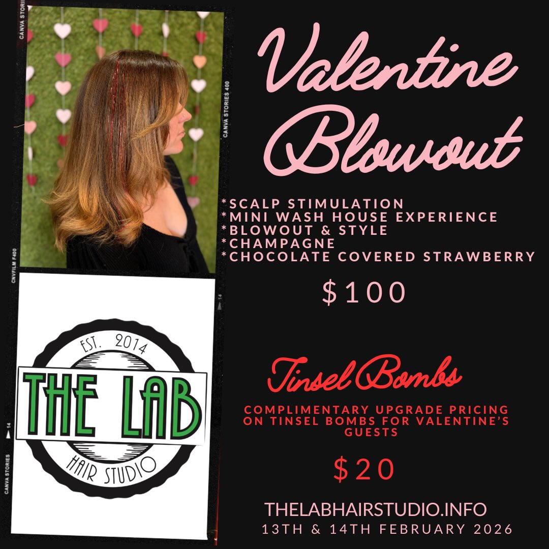 Love is in the hair 💘
Treat yourself (or your Valentine) to our Valentine Blowout — smooth, shiny, and a little extra sweet 🍓✨
Scalp stimulation • Mini wash house • Blowout & style • Champagne • Chocolate-covered strawberries
Feb 13–14 💕 Limited spots — book before we’re fully crushed 💌 https://www.vagaro.com/thelabhairstudio/services
#ValentinesHair #BlowoutSeason #HairLove #TheLabHairStudio