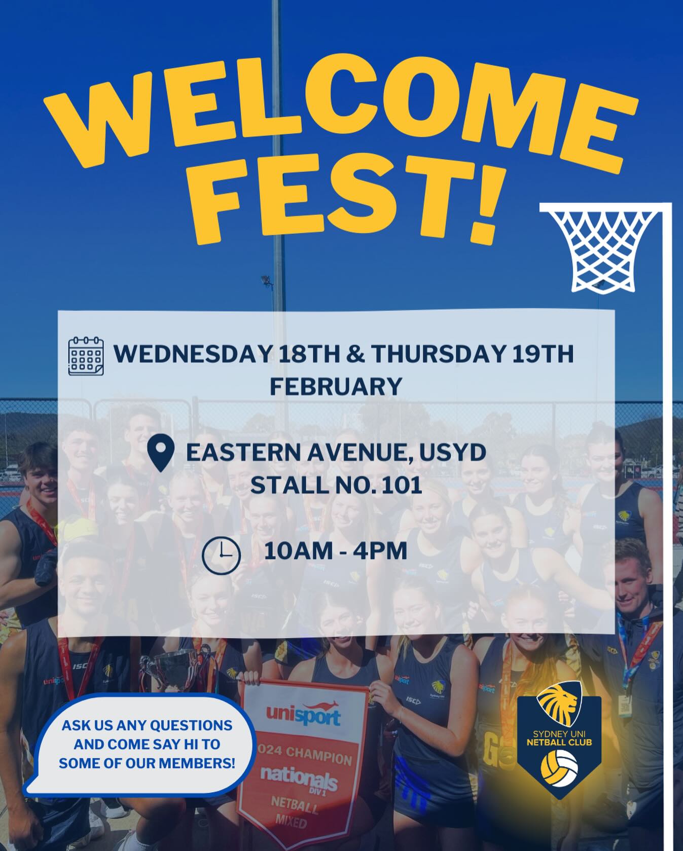 Come visit us at Welcome Fest this week!!
Pop by and say hello to some friendly faces at SUNC and let them answer any questions you may have about the upcoming 2026 season!
#rawr #SUNC 💙💛