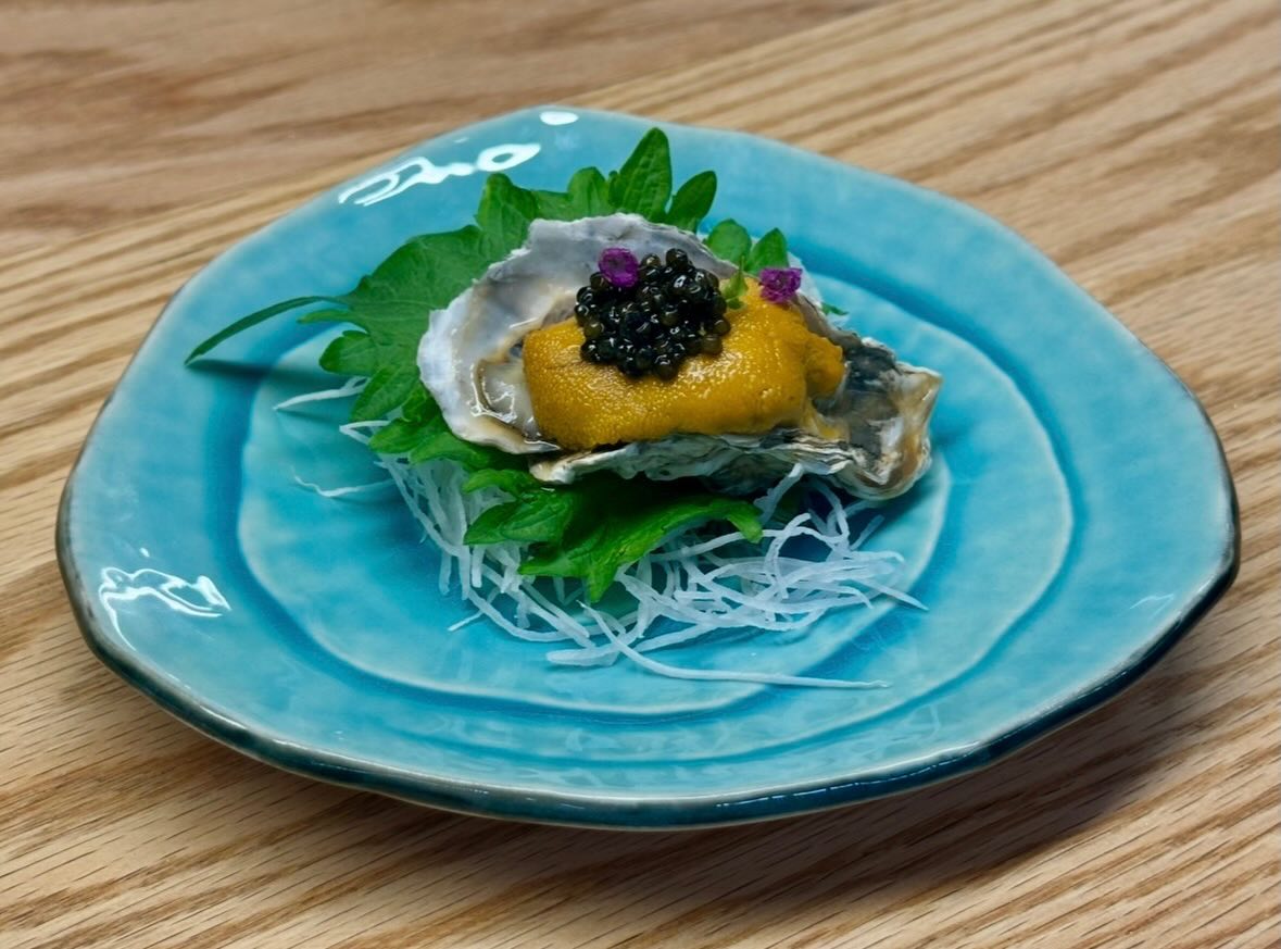 Kumamoto oyster layered with creamy uni and finished with caviar. It’s briny, rich, and wildly indulgent in the best way.