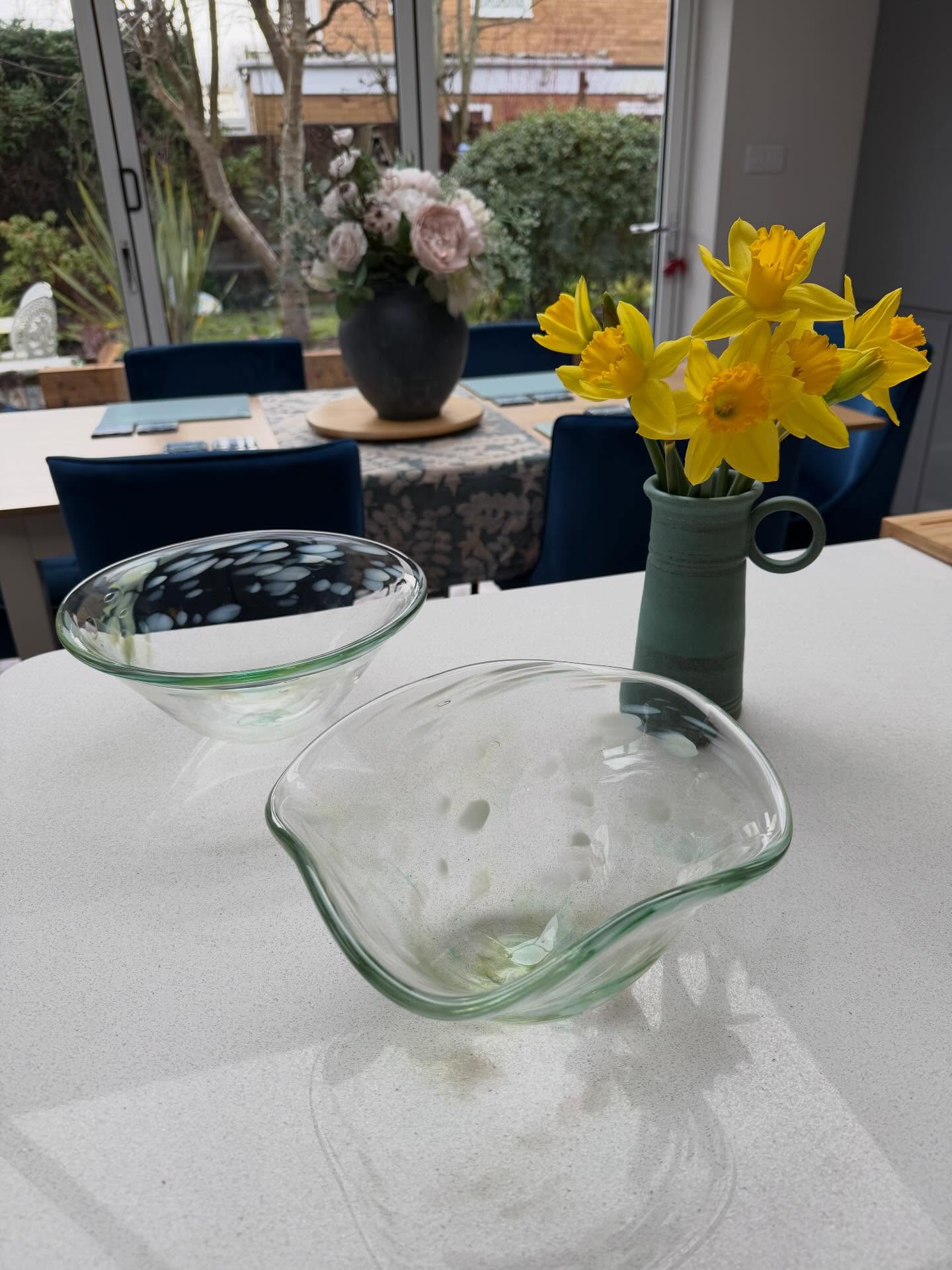 I love it when a plan comes together…
These bowls were made as a commission using colour recycled from blown baubles, paired with white frit for a soft, layered finish. The lovely lady who ordered them had some very specific colour ways in mind, so I was keeping everything crossed that the glass I had in the studio would line up with her vision — especially with a fairly quick turnaround.
Luckily the subtle tones worked beautifully and were just what she was hoping for.
One of these bowls has already gone off to its new home, but the other is still looking for its person 💚