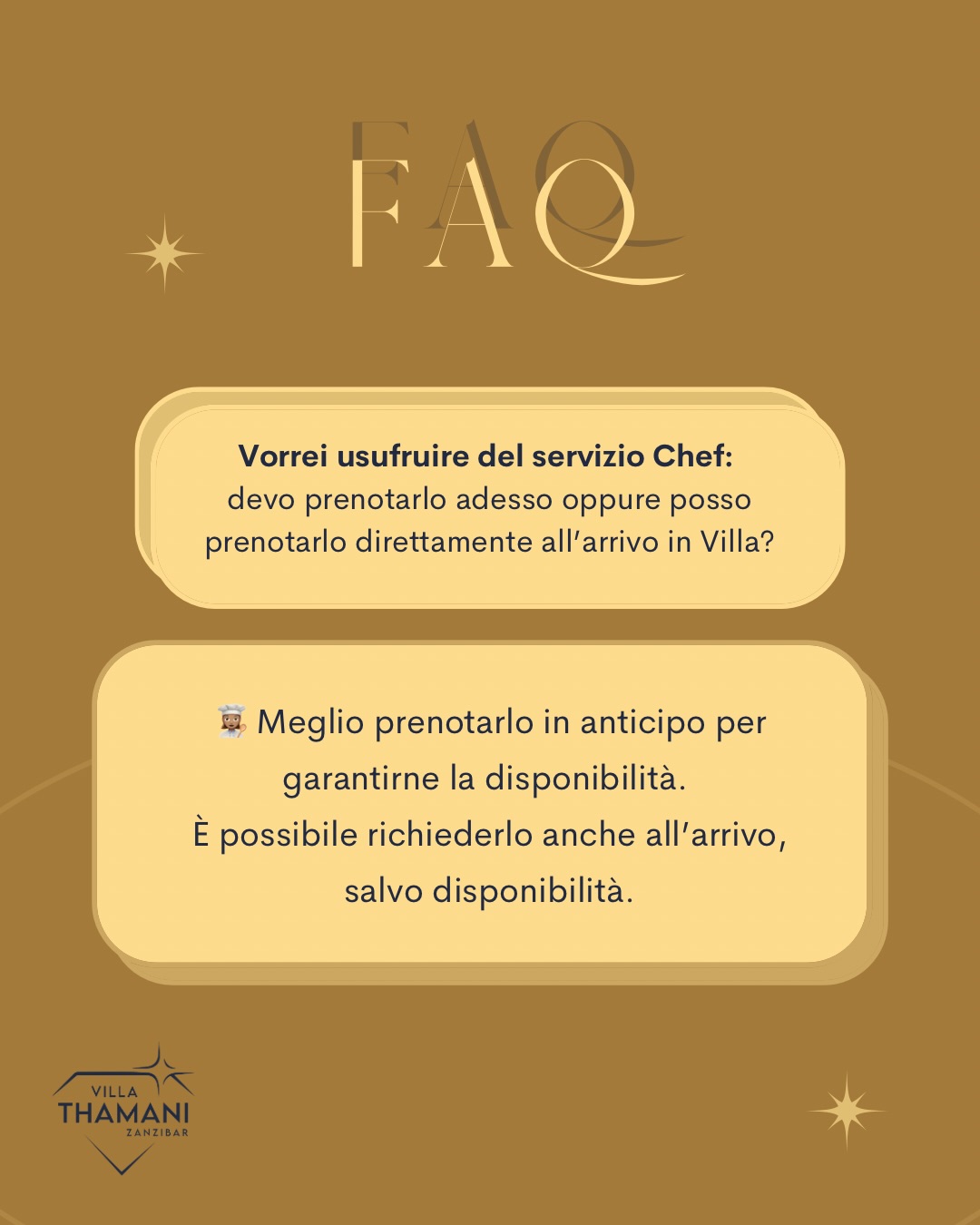 Avete qualche dubbio prima di prenotare il vostro soggiorno a Villa Thamani? 💛
Qui trovate le risposte alle domande che ci fate più spesso.
Se avete bisogno di altre informazioni, scriveteci: siamo sempre felici di aiutarvi 🌿
Per verificare disponibilità e prenotare il vostro soggiorno visitate il nostro sito:
👉🏼 www.villathamani.com