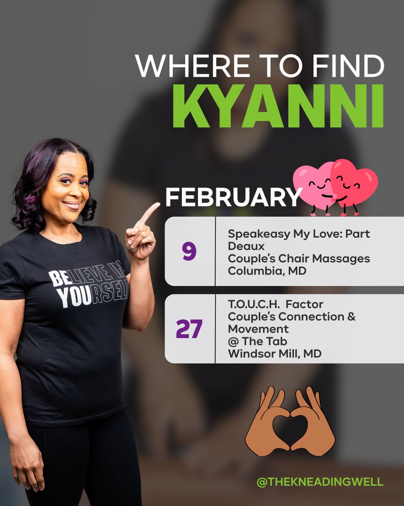 February is the month of love⦠and Iām taking that love on the road. ā¤ļø
Not just the flowers and chocolates kind of loveā
Iām talking about real connection.
The kind that relaxes your nervous system, softens your body, and brings you closer to the people who matter most.
This month you can find me out in the community sharing the power of touch, movement, and connection with couples who want to feel better together.
⨠Feb 9 ā Columbia, MD
Coupleās Chair Massages at Speakeasy My Love: Part Deux
⨠Feb 27 ā Windsor Mill, MD
T.O.U.C.H. Factor: Coupleās Connection & Movement @ The Tab
No matter where you are in your relationship, these experiences are created to help you relax, reconnect, and resetātogether.
Because love isnāt just something you sayā¦
Itās something you feel.
Come see me this February and give your relationship the gift of connection.
#LoveMonth #CouplesWellness #SelfCareTogether #ConnectionMatters #TouchHeals