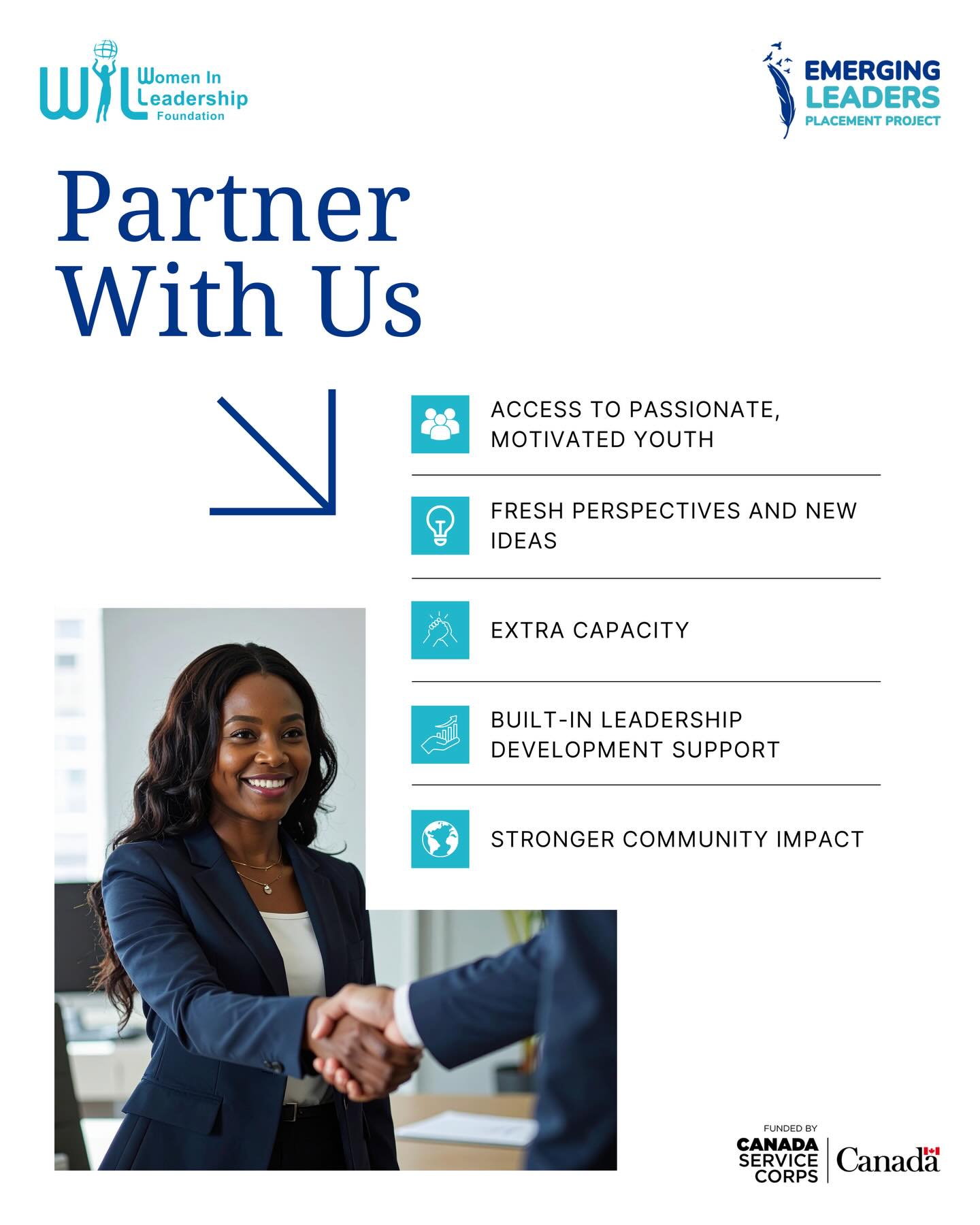 Your organization could grow even stronger 🌱
Partner with us through the Emerging Leaders Placement Project and connect with passionate youth ready to contribute, lead, and make an impact. From fresh ideas and added capacity to built in leadership development support, we help nonprofits strengthen their teams while building the next generation of leaders.
📧 connect@womeninleadership.ca
🔗 Head to the link in our bio to learn more about partnering with us
Proudly funded by Canada Service Corps
#CanadaServiceCorps #LeadersToday #YouthInCanada #NonProfitSupport #CommunityImpact