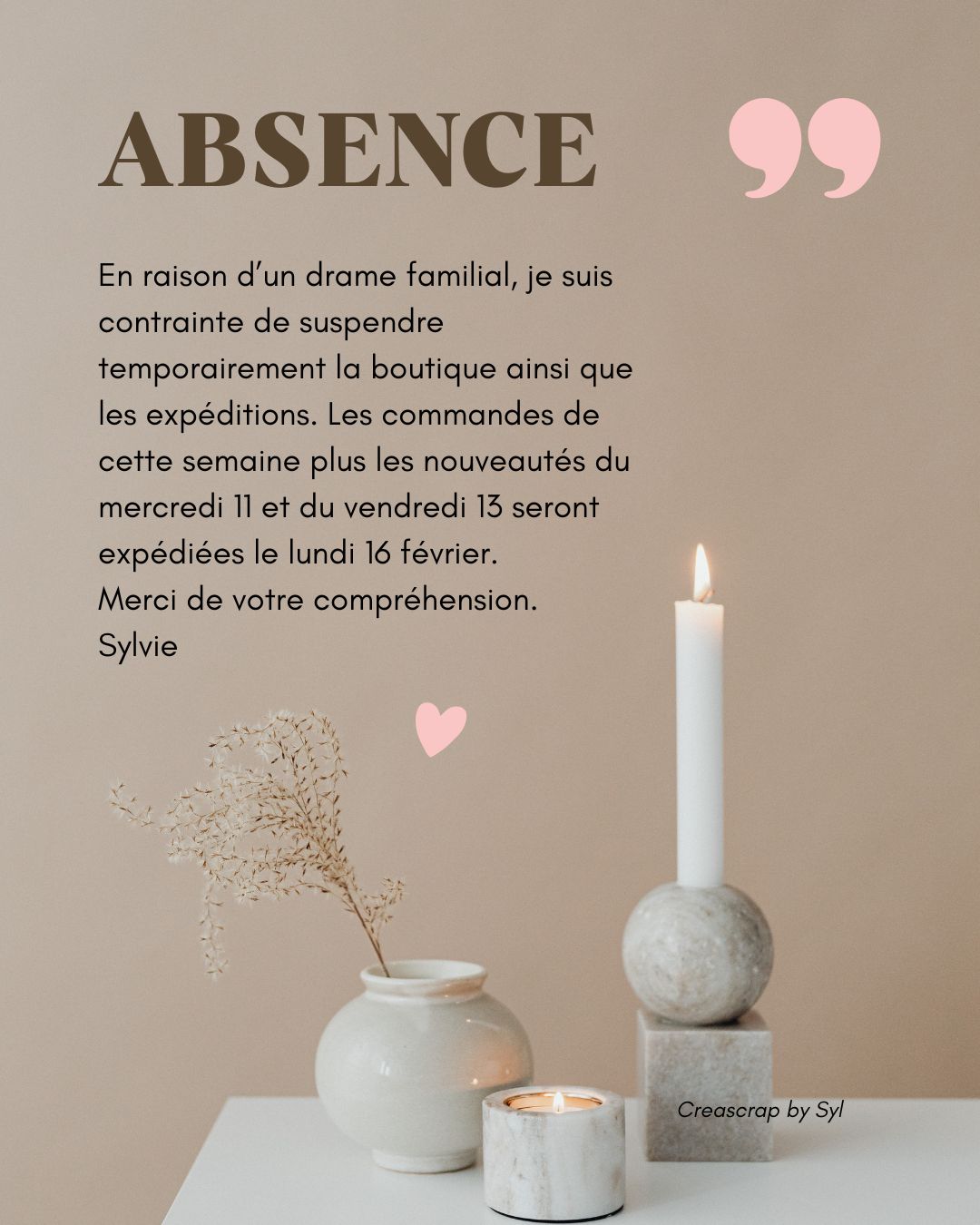 Un peu moins présente ces temps-ci..... 🕊️
Merci pour votre compréhension
Sylvie