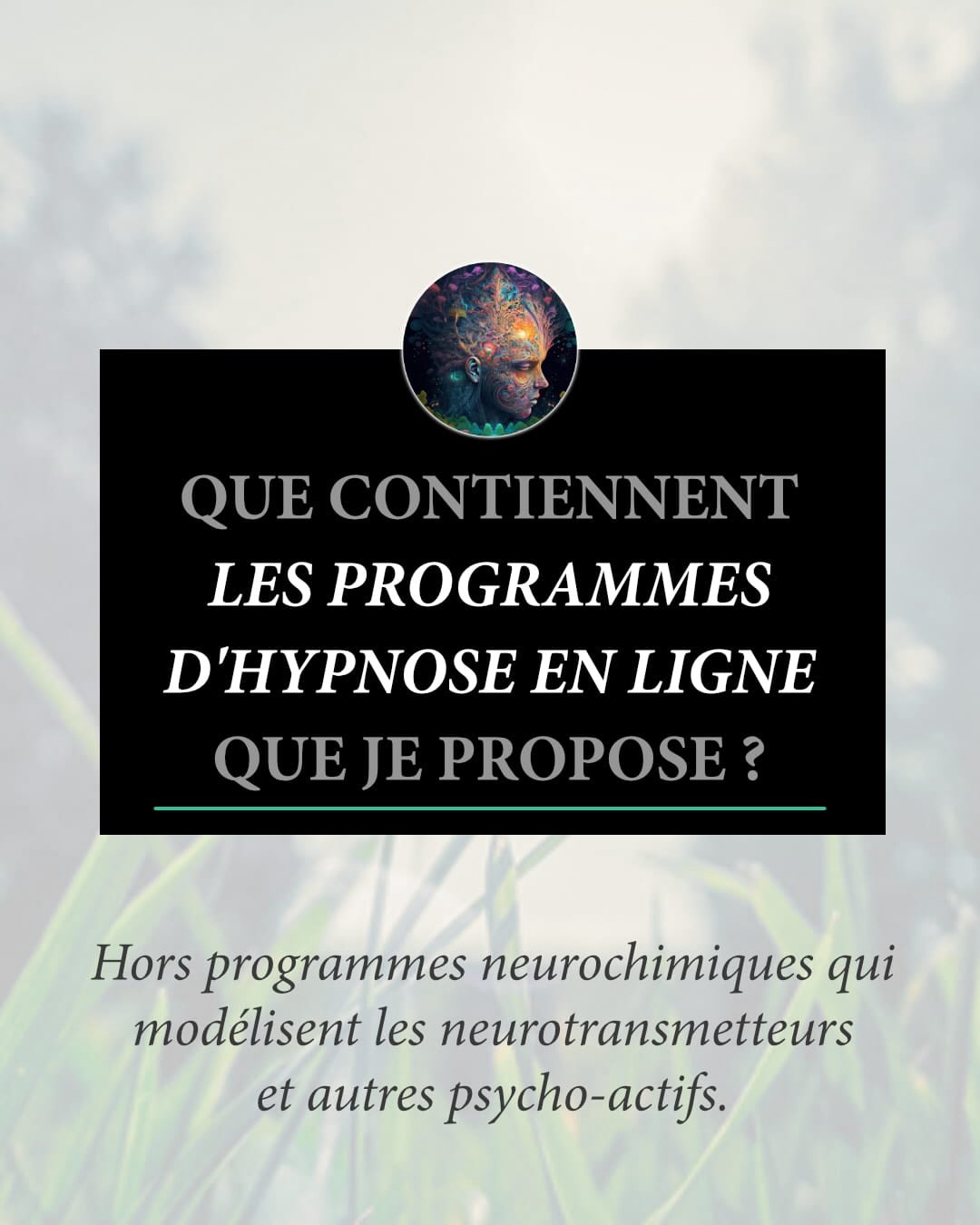 Les différents programmes hypnotiques en ligne que je propose, qui utilisent la technologie binaurale (pour ralentir rapidement l’activité cérébrale).
Ce sont des programmes indépendants des voyages neurochimiques disponibles par ailleurs.
#sommeil #hypnose #stress