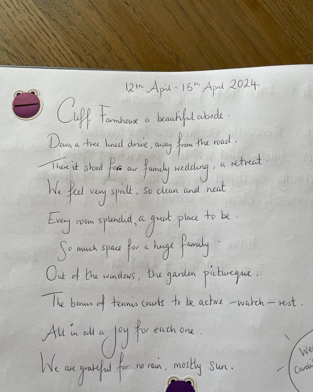 Amazing poem written by our last guests. So happy they enjoyed their stay with us. 😊