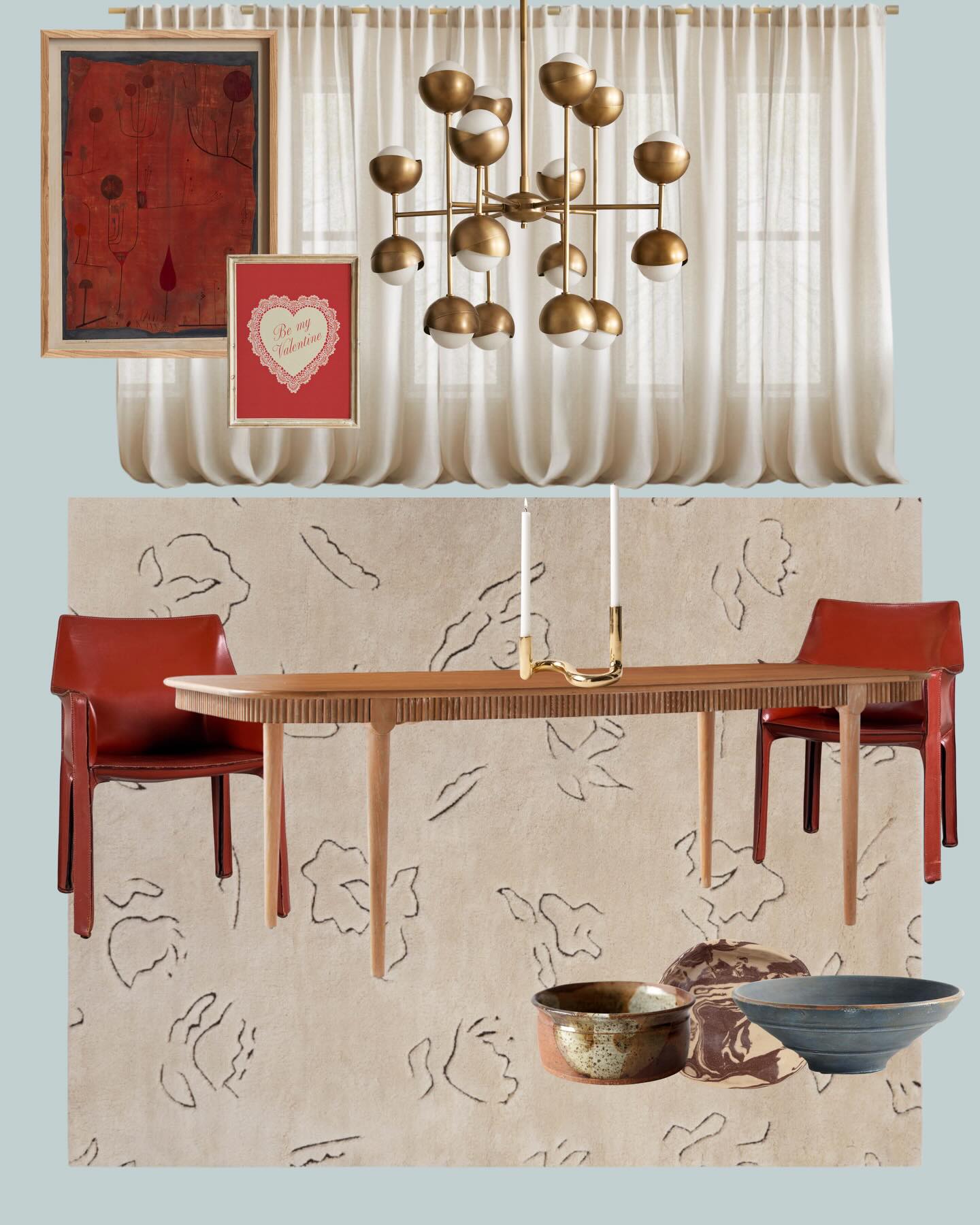I don’t use a lot of red within my interiors but let’s do it for Valentine’s Day. February mood board coming in hot! 🔥
Chairs by @claudehome
Table by @cb2
Rug by @luluandgeorgia
Chandy by @sohohome
Vintage studio pottery
#moodboard #interiordesign #shanalutherinteriors