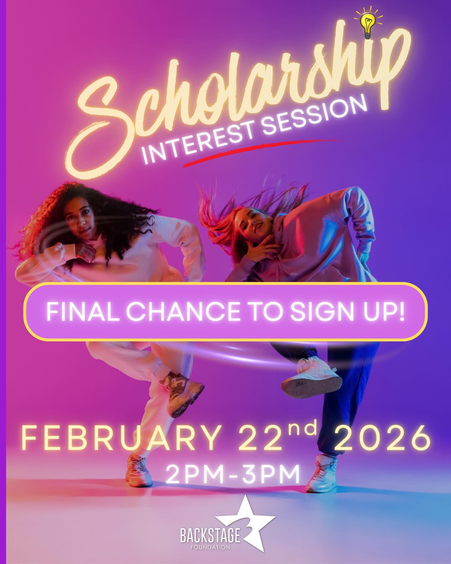 HEY DANCERS, DON’T MISS OUR INTEREST SESSION FOR SCHOLARSHIP OPPORTUNITIES NEXT WEEK‼️
✨Registration Link In Bio!✨
Are you ready to put your best foot forward this year?🕺🏾💃🏻
It’s almost scholarship season and we are so excited to help you with the process!🤩🏆
Our Scholarship Interest Session is designed to help you feel confident and prepared before our applications open. This session is open to everyone around the world!🤩
We’ll walk you through the full application process, what our board members are looking for, tips to stand out, and how to submit a strong talent & video reel.
🕑 Last chance to register: Feb 22nd 2:00–3:00 PM
✨Our scholarships are focused on youth up to age 17, but we are open to reviewing all applications.
Don’t miss this opportunity to set yourself up for a successful submission for scholarship season!🏆
👉 Tag a friend, comment below, register now and take the next step in your journey in 2026!
#TheBackstageFoundation #ScholarshipOpportunity #DanceEducation #YouthDevelopment #FutureLeaders