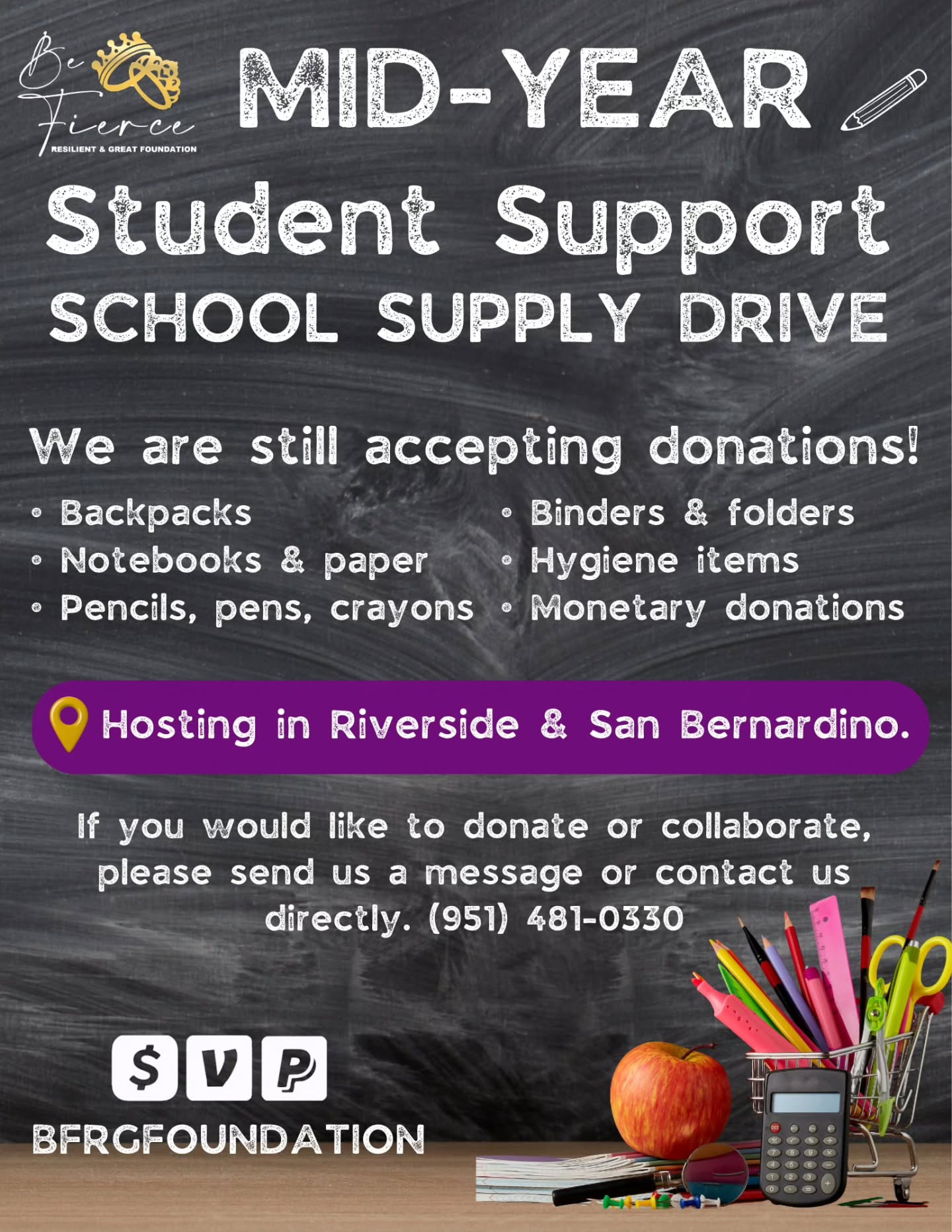 The school year isn’t over and neither is the need. 🎒
BFRG Foundation is still accepting donations for our Mid-Year Student Support School Supply Drive, and we are expanding our impact by hosting two events this year:
📍 Riverside
📍 San Bernardino
By the middle of the school year, many students run out of essential supplies. Some families simply cannot afford to replace them. That’s where we step in.
Your donation helps a child stay confident, prepared, and ready to learn.
We are accepting backpacks, school supplies, hygiene items, and monetary donations.
If you would like to partner, donate, or volunteer, please reach out.
Let’s make sure no student finishes the year unprepared. 💛
#BFRGFoundation #SchoolSupplyDrive #InlandEmpire #Riverside #SanBernardino CommunityMatters