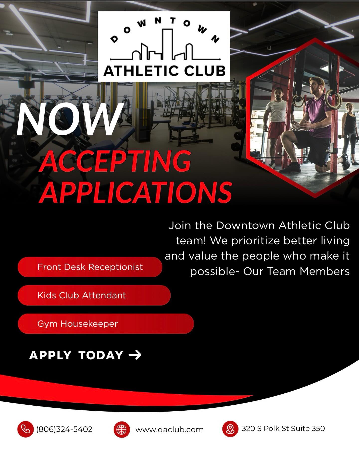 The Downtown Athletic Club is growing and we are hiring dynamic, energetic staff! Please go to www.daclub.com to apply or email GM@daclub.com.