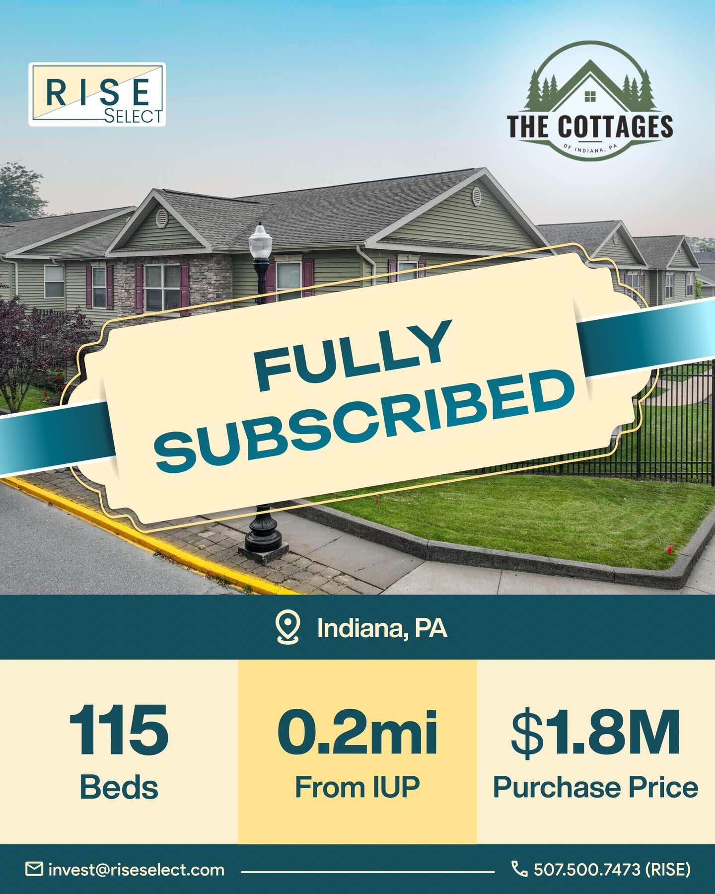 With Cottages on the Pointe fully subscribed, we are on track to expand Rise’s portfolio in Indiana, PA.
We’re grateful for the continued support from our investors - stay in touch to learn more about upcoming investment opportunities!
#studenthousing #realestateinvestment #capitaldeployment #fullysubscribed #investorrelations
