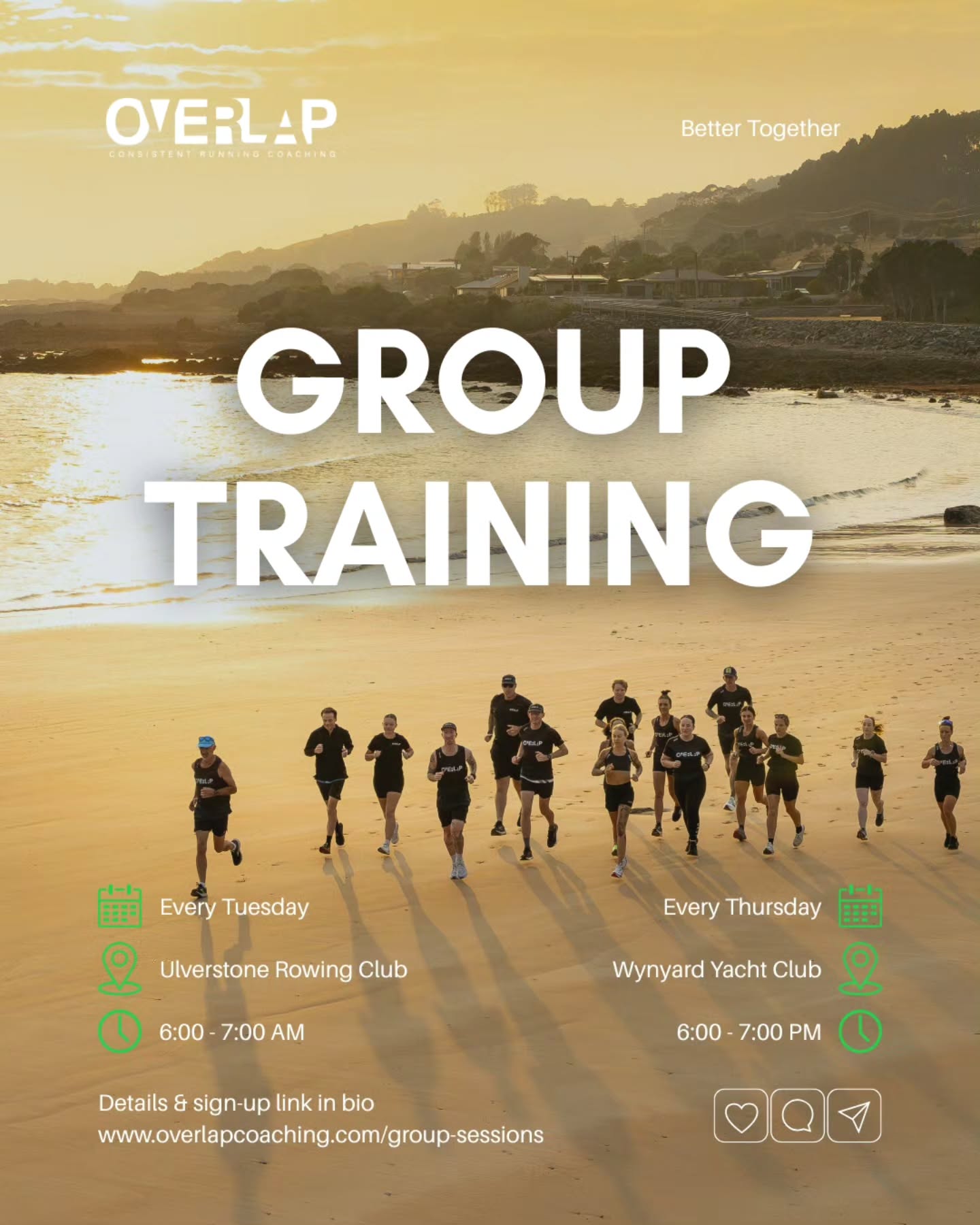 Want more from your training? 💥
More structure. More motivation. More community.
Our OVERLAP Group Training sessions are the perfect way to stay consistent, get fitter, and enjoy the process alongside an awesome crew.
🏃♂️ Ulverstone — Every Tuesday, 6 AM
🏃♀️ Wynyard — Every Thursday, 6 PM
🎉 First session free + casual drop-ins available
Whether you’re chasing a PB or just looking for a reason to show up each week…
come be part of something bigger.
Join #TeamOVERLAP 💚
Details + sign-up link in bio.
Or head to www.overlapcoaching.com/group-sessions
✌️
