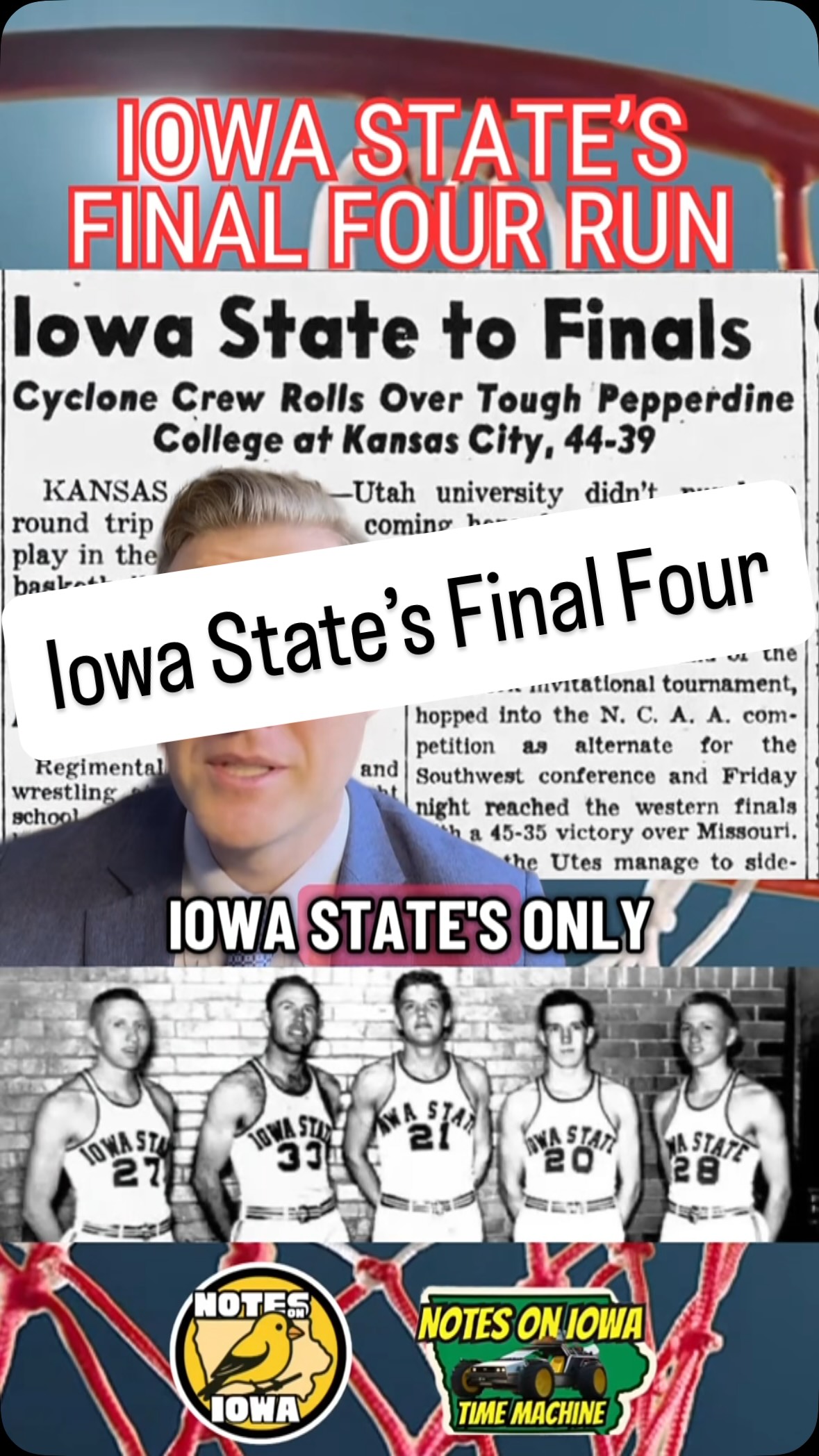 Iowa Time Machine ⏰: On February 11, 1944, Iowa State beat Kansas State to move to 6-0 in Big 6 play. The Cyclones went on to capture a conference championship and eventually made the school’s only appearance in the NCAA Final Four to date.
Under the direction of sixteen-year head coach Louis Menze, the squad featured ten players. Eight of the ten Cyclone players also served as service members enrolled in the school’s naval training program, providing engineers to the military during World War II. Price Brookfield paced Iowa State throughout the season, sporting an 11.6 point-per-game average for the season.
When the Wildcats came to Ames in February, the Iowa State attack proved ready, and the Wildcats went down 47-20. The stifling defense from the Cyclones held Kansas State to only five field goals for the entire game. Holstein, Iowa’s Ray Wehde led the Cyclone scoring with 19 to nearly match the Wildcat point total.
Late in the season, the Cyclones almost didn’t qualify for the NCAA tournament due to a military rule that prohibited players from leaving Ames for more than 48 hours at a time; however, an exception allowed Iowa State to head to the tournament. The Cyclones went on to beat Pepperdine to secure the program’s only Final Four birth to date. #Iowa #OTD #History #IowaState #CollegeBasketball