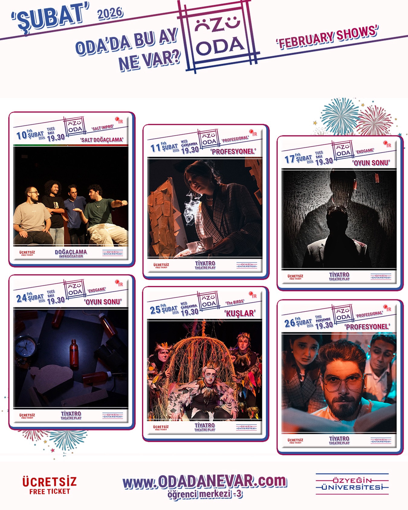 Şubat ayı ile dönemi açıyoruz!
Bir ay verilen ara sonrası yeniden kavuşuyoruz ve biz sizleri çok özledik 🥳 Birbirinden farklı gösterimler ile yeniden sizlerin karşısındayız! Şubat ayında tiyatroya doymak ve eğlencemize ortaklık etmek için sizleri aramıza bekliyoruz 🙏
📍Öğrenci Merkezi -3 | ÖZÜ ODA
👉🏻odadanevar.com
#özüoda #theatre #thismonth #şubat #takvim