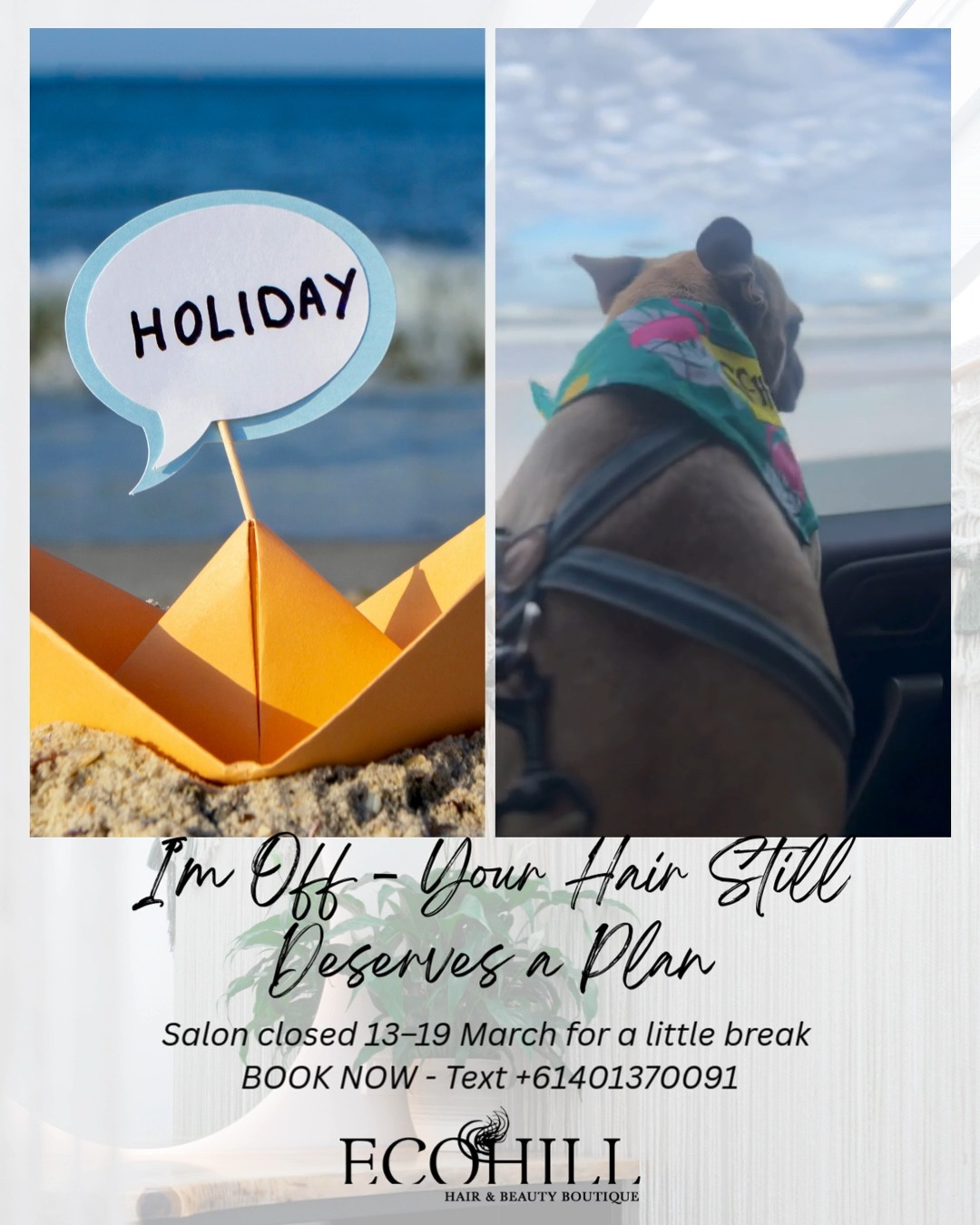 I’m off - but your hair schedule shouldn’t be living dangerously 😄
The salon will be closed 13–19 March, so now’s the time to lock in your appointment before the doors (and scissors) take a short holiday.
Good news for the planners and the last-minute legends - we’ve got 10% OFF Semi & Permanent Colours on these quieter slots:
✂️ 19 Feb — 9am–4pm
✂️ 23 Feb — 1:30pm–4pm
✂️ 24 Feb — 12pm–8pm
✂️ 25 Feb — 12pm–8pm
Perfect time for a refresh, a rescue, or a “let’s do something different” moment.
Book ahead and your future hair will thank you.
📲 Text to book - +61401370091
*Conditions apply
#HairSalonLife
#ColourSpecial
#HairColourExperts
#SalonPromo
#BookAhead
#HairAppointment
#FreshHairDays
#SemiPermanentColour
#PermanentColour
#SupportSmallBusiness
#BoondallSalon
#HairCareFirst
#SalonUpdate
#HairGoals
#TreatYourHair
#25YearsInService
#EcoHillHairBoutique