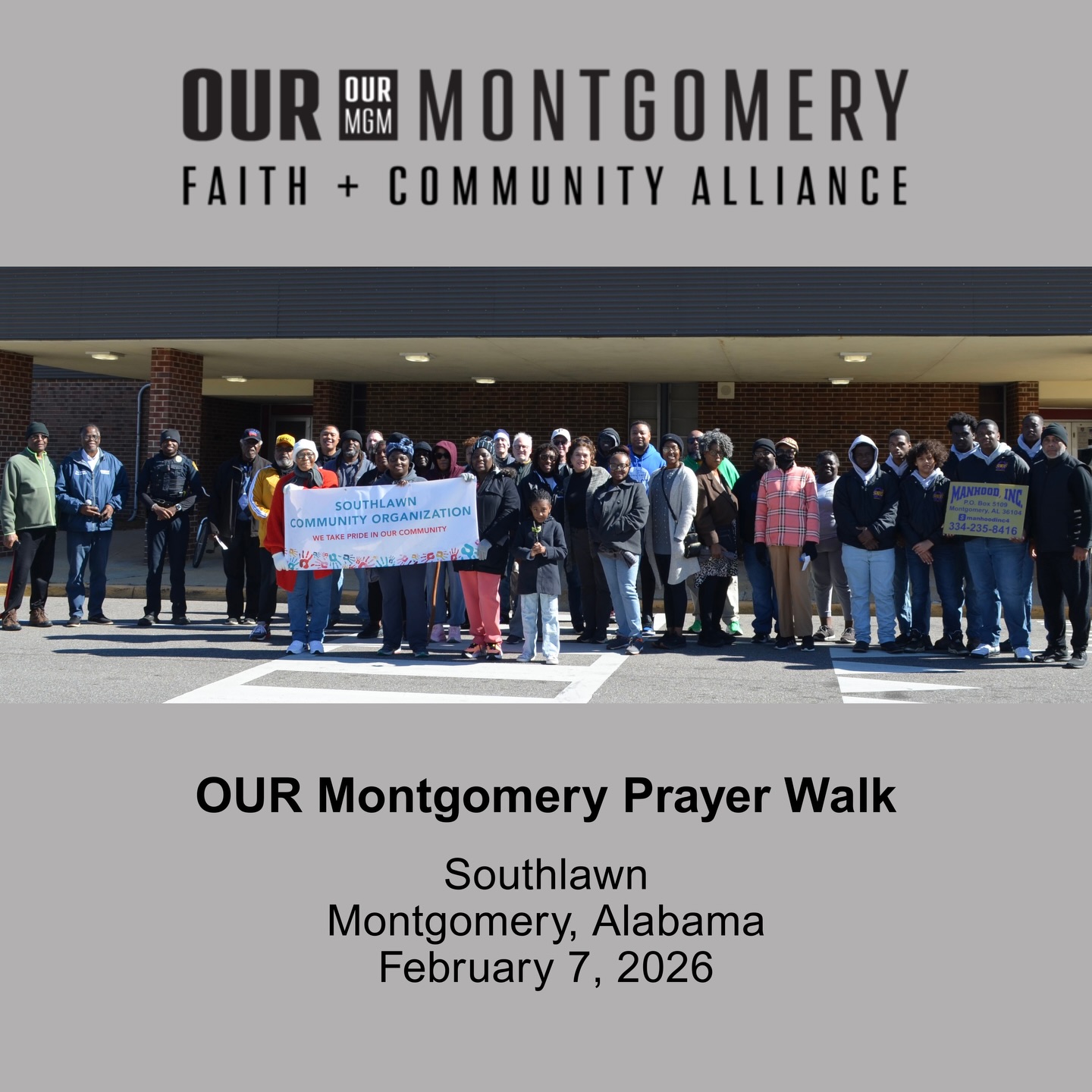 OUR Montgomery Prayer Walk
Southlawn
Monthly Prayer Walk/Gathering #84
More photos in the “One United Reaching (OUR) Montgomery” Facebook group.
Join us on Saturday, March 7, for our next OUR Montgomery monthly prayer walk! More details soon…
Sign up for our mailing list at www.ourmontgomery.org
Text OURMTG to 74000 for text reminders about first Saturday prayer walks and gatherings.
#ourmgm
#mymontgomery
#montgomeryalabama