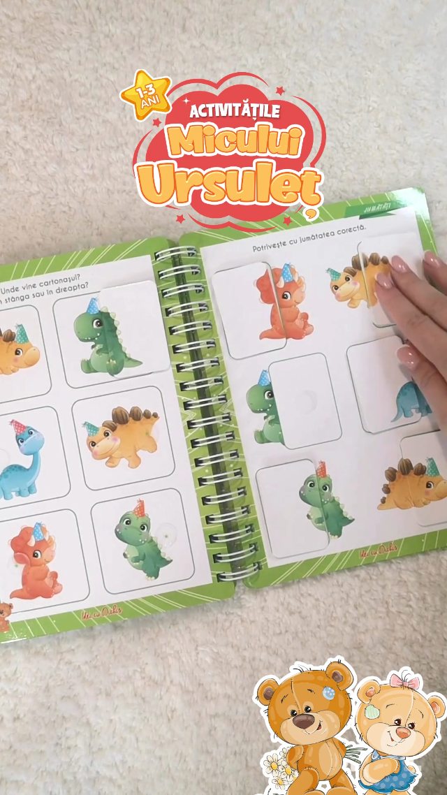 Caietul Activitățile Micului URSULEȚ este dedicat copiilor peste 1 an și este axat pe activități cu recunoașterea elementelor, pentru îmbunătățirea atenției și abilității de a face asocieri logice.
Este un caiet complex cu 36 de planșe diferite care se rezolvă cu ajutorul cartonașelor prinse cu scai (45), dar și cu carioca nepermanentă sau indicand cu degetul soluția.
Pentru că ne gândim și la cei mai mici care nu pot scrie încă cu markerul și ca ei să-și poată dezvolta coordonarea mână-ochi, am creat special exerciții care îi încurajează să folosească ca alternativă degețelele pentru a urma trasee și pentru a arăta elemente și să le numească.
Învățăm prin joacă și folosim imagini ușor de îndrăgit cu jucării, flori, animăluțe și multe altele în planșe de activități cu:
🐻 jocuri de atenție
🐻 puzzle
🐻 sortări, potriviri și asocieri după imagini identice, jumătăți, umbre, contur sau după forme și culori
🐻 jocuri de motricitate prin realizare trasee, desprindere și prindere cartonașe
Detalii si comenzi pe https://www.ideicudichis.ro/product-page/activitatile-micului-ursulet
#activitaticopii #activitatibebe #gradinitacudichis #grupamica #lagradinita jocuricopii parenting toddlers jocurieducative cadouricopii