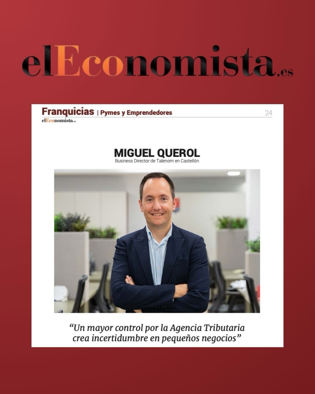 📰 ¡Salimos en El Economista!
Nos alegra que un medio de referencia en el sector como @eleconomistaes haya contado con nuestro director, Miguel Querol, para aportar su visión en un artículo sobre el control de Hacienda de los #Bizums profesionales.
En el artículo, Miguel explica:
⟶ Qué se considera Bizum profesional
⟶ Qué errores son más frecuentes
⟶ Qué debe tener en cuenta un autónomo para evitar problemas con la Agencia Tributaria
Para nosotros es una satisfacción poder participar en este tipo de contenidos y contribuir a aclarar dudas reales que afectan a autónomos y empresas en su día a día.
Gracias a El Economista por darnos la oportunidad de compartir conocimiento y experiencia 👏🏼