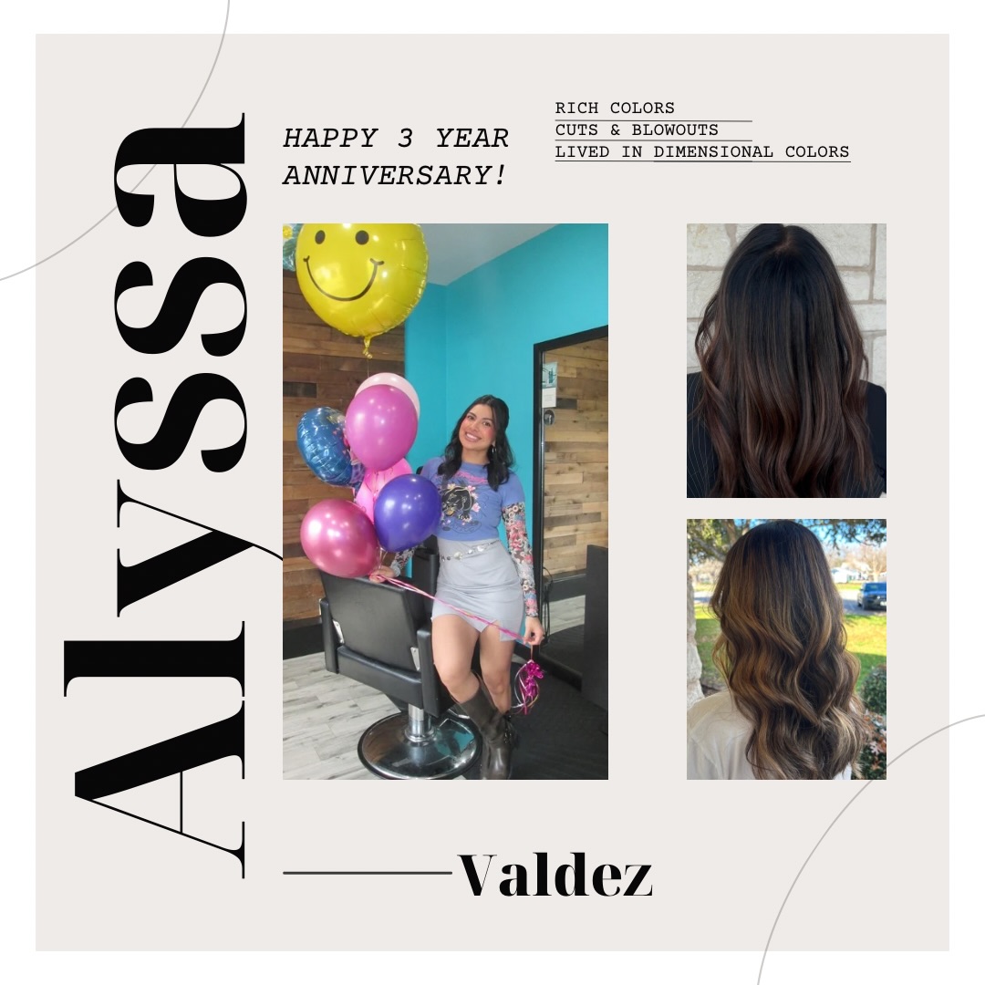 Happy three-year anniversary, Alyssa! We are incredibly grateful to have you on our team. Your kindness, support, and dedication motivate us every day. Watching you work your magic behind the chair and seeing the love you put into each client is truly inspiring. We are so proud of you. Here’s to many more fantastic years together!🎉
