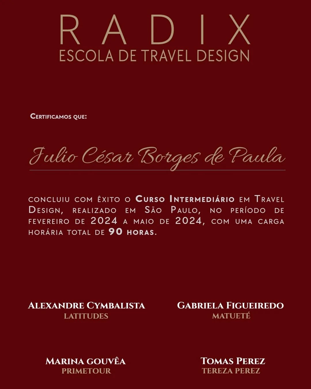 É com muito orgulho que finalizo mais este importante curso na minha carreira profissional no turismo. Esse aperfeiçoamento na minha carreira será transferida aos meus clientes que vão receber um serviço ainda mais qualificado e personalizado. Obrigado ao time Radix em especial a Latitudes , Matuete, Tereza Perez e Prime Tour.
It is with great pride that I conclude yet another important course in my professional career in tourism. This enhancement in my career will be transferred to my clients who will receive an even more qualified and personalized service. Thanks to the Radix team, especially Latitudes, Matuete, Tereza Perez, and Prime Tour.