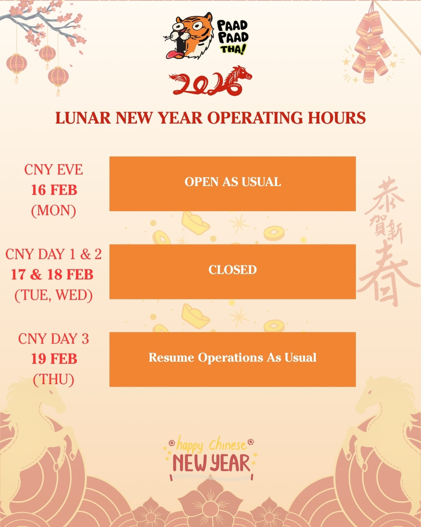 Gong Xi Fa Cai ๐งง! Weโre open as usual on CNY Eve and will be back Day 3 with your Paad Thai fix! ๐๐ #paadpaadthai