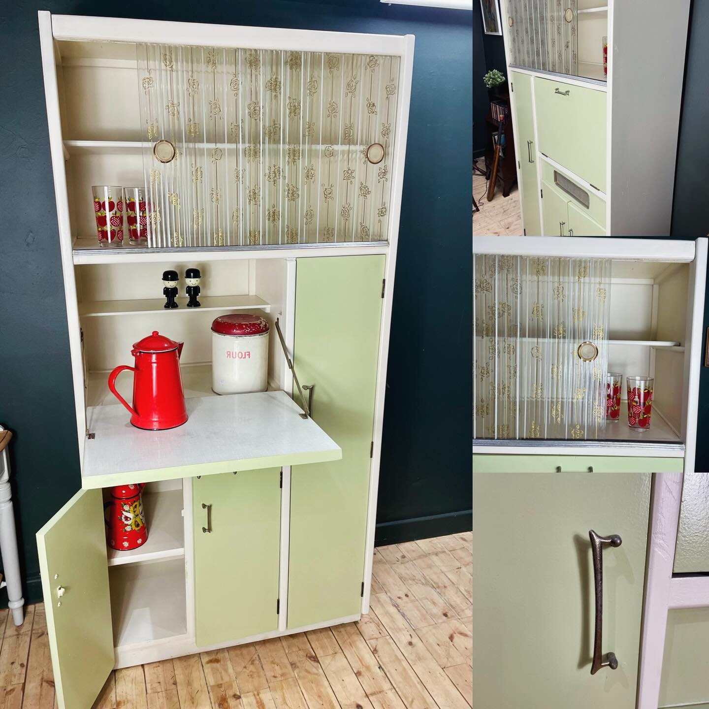 -SOLD-
Get the retro vibes with this beautifully restored 1950s kitchen cabinet. It’s just as functional as it always was with a drop down worktop, larder cupboard and storage space at the top and bottom. Lovely ribbed glass with roses design takes you right back to the 50s and new fresh paintwork brings you back up to date!
It measures W87cm D40cm H175cm £175
Is it really Monday again?! Have a fab week!
#retro #kitchenette #kitchenlarder #1950skitchen #retrokitchen