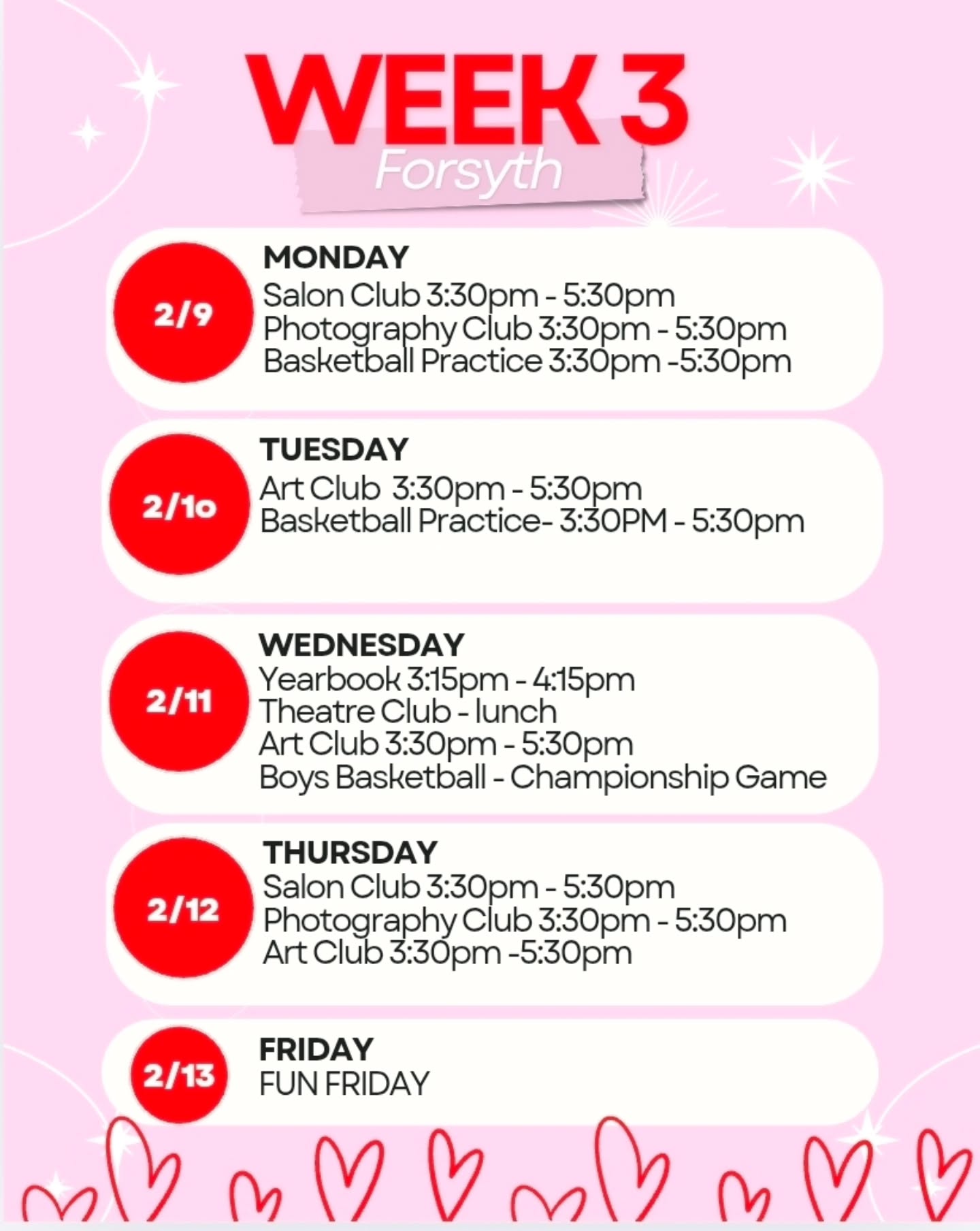 Hey Forsyth! It's week 3! Monday & Tuesday there is basketball practice after school from 3:30 to 5:30. Then on Wednesday after school, the Boys Basketball team will play in the Championship Game! On Monday and Thursday after school, the Salon Club and Photography Club will meet. Tuesday through Thursday, the Art Club will meet after school. On Wednesday, the Theatre Club will meet during lunch and the Yearbook club will meet after school. And on Friday, we will have a fun schoolwide activity.
#forsyth #basketball #afterschoolclub #week3 #schoolisfun