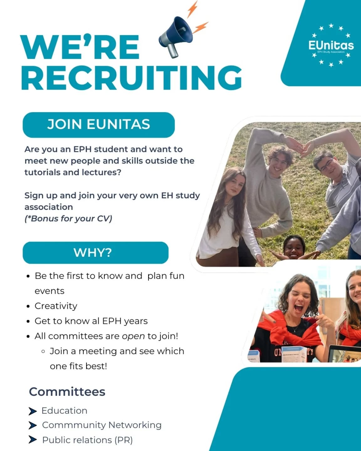 ‼️ Committee applications are open again‼️
Missed your chance to join EUnitas in September? No worries! You get a second chance now! 😉
All EPH students are welcome to join Education, Community Networking (CN) or Public Relations (PR) committee ❤️🔥
(*Bonus for your CV)
Whether you have experience or not, you're welcome to be a part of our little family and make new connections 💪💪
ℹ️ LINK TO THE APPLICATION IS IN THE LINKTREE IN THE BIO