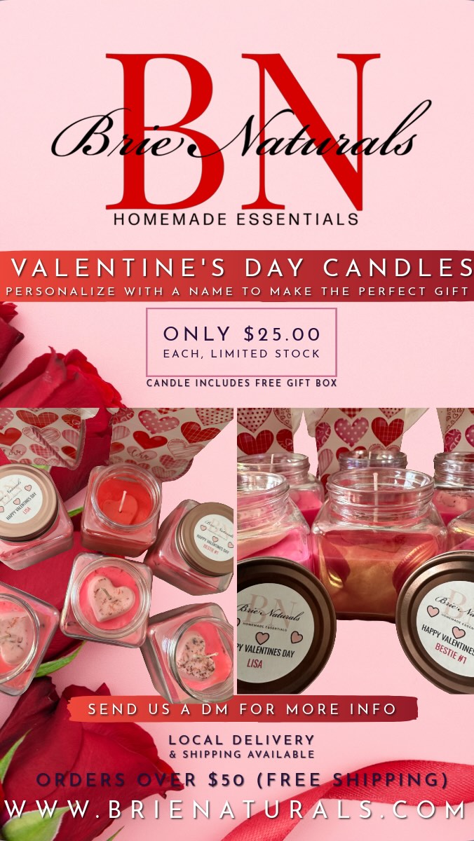 Valentine’s Day is for ALL loved ones — partners, friends, family, and most importantly… yourself 💕
Celebrate every kind of love with our custom, hand-poured candles from Brie Naturals.
✨ Thoughtful
🎁 Perfect for gifting
🔥 Limited quantity available
📩 To order:
• DM us
• Or shop online 👉 www.brienaturals.com
🚚 FREE shipping on orders over $50
📍 Local delivery available
Spread love. Light joy. 💫
#BrieNaturals
#ValentinesDay
#ValentinesCandles
#AllLove
#LoveIsLove
#SelfLove
#CustomCandles
#HandPouredCandles
#LuxuryCandles
#CandleLovers
#GiftIdeas
#ShopSmall
#SupportSmallBusiness
#BlackOwnedBusiness
#LimitedEdition
#HomeFragrance
#LocalBusiness
#NewHavenCT