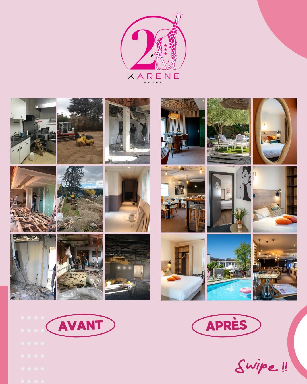 AVANT ➡️ APRÈS
On ne construit pas une histoire sans casser quelques murs 😉
Du bruit, de la poussière, des doutes parfois…
Mais surtout beaucoup de travail et une vision claire.
Aujourd’hui, quand on regarde ces photos, on mesure le chemin parcouru.
Rien n’a été laissé au hasard.
Chaque détail a été pensé pour vous accueillir dans un lieu qui nous ressemble.
Et l’histoire continue…
#HotelKarene #Renovation #Entreprendre #20ans